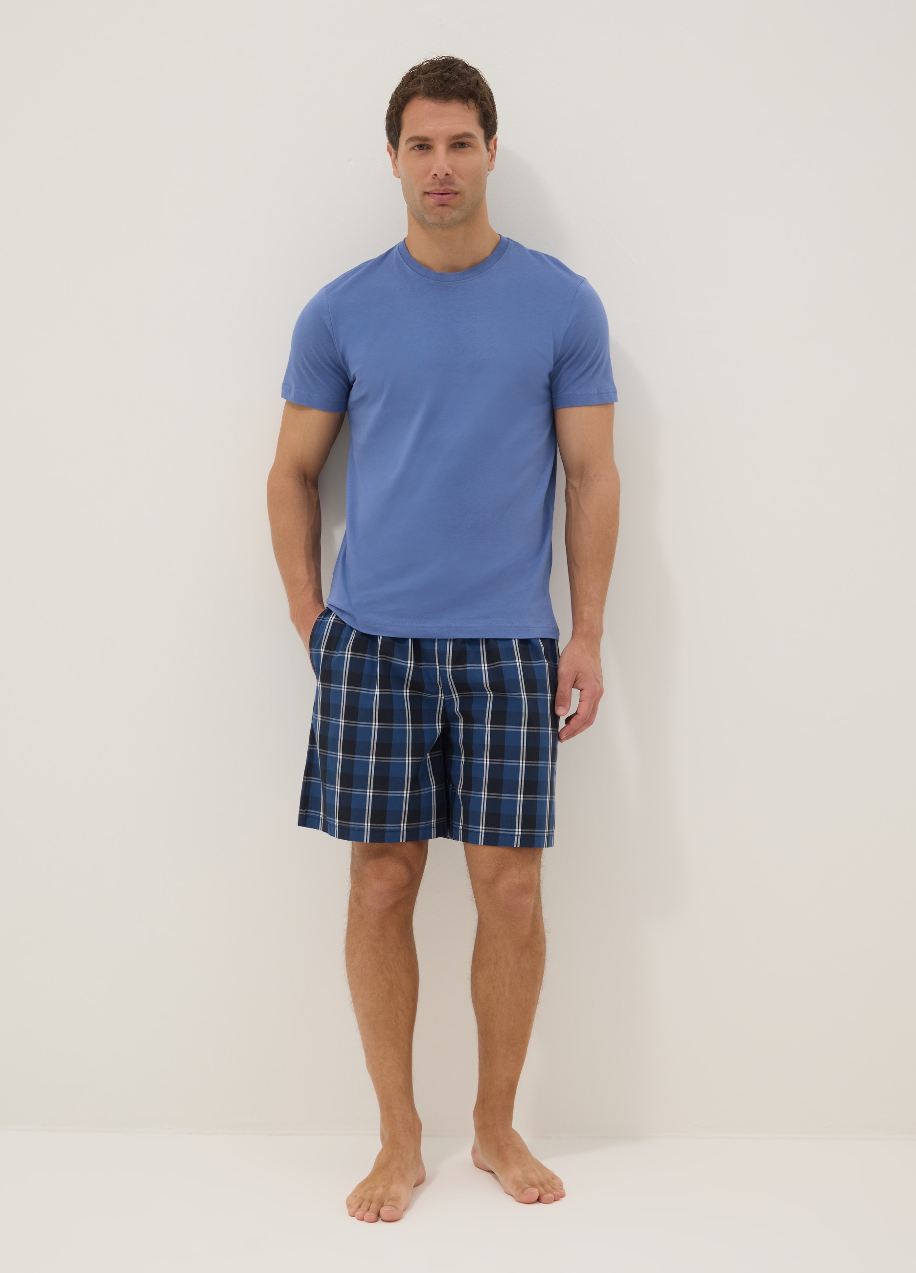Ovs Hombre Blu Bluette Pijama Corto De Puro Algodón Azul A Cuadros De Ajuste Regular, Talla: Xl
