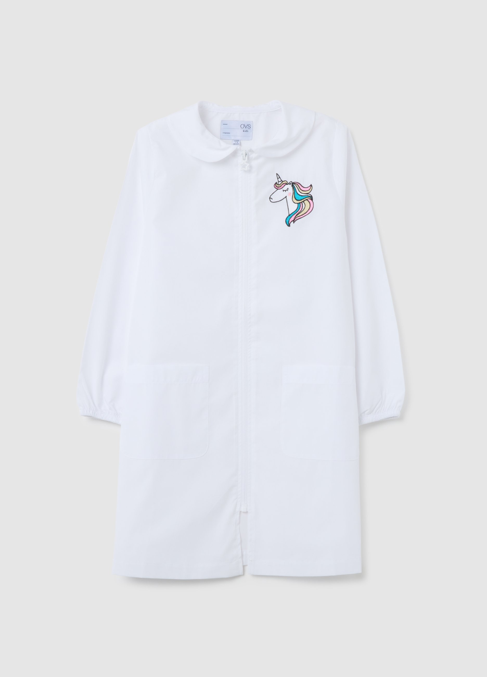 OVS, Grembiule Scolastico Da Bambina In Misto Cotone Bianco Con Ricamo Unicorno, Bianco, Taglia: 7-8