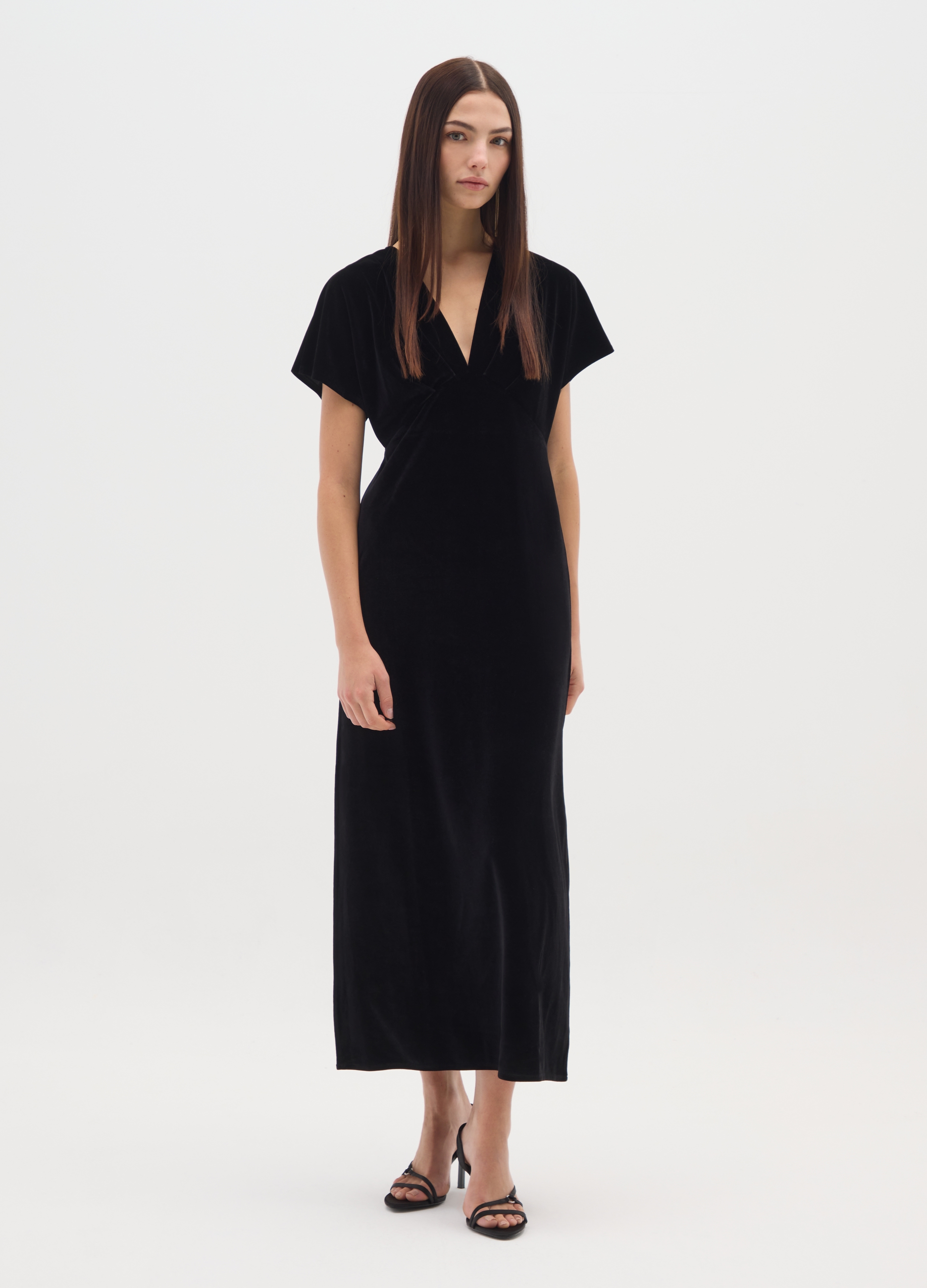 Vestido Negro Largo Con Escote Profundo En V Y Mangas Largas De Ajuste Regular, Mujer, Gunmetal, Talla: 42