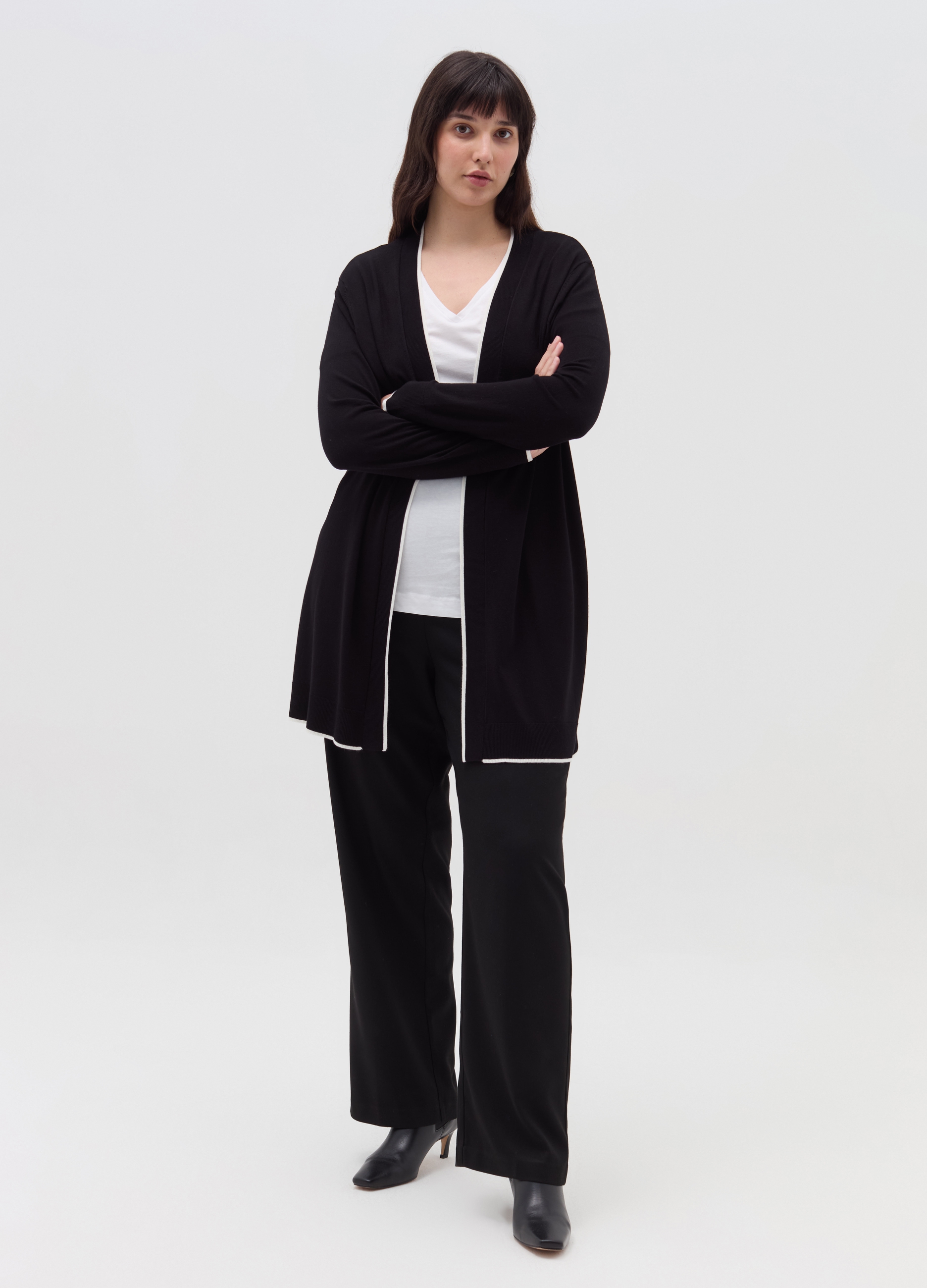 MYA, Cardigan Lungo Con Profili Rigati Curvy, Donna, Nero, Taglia: S