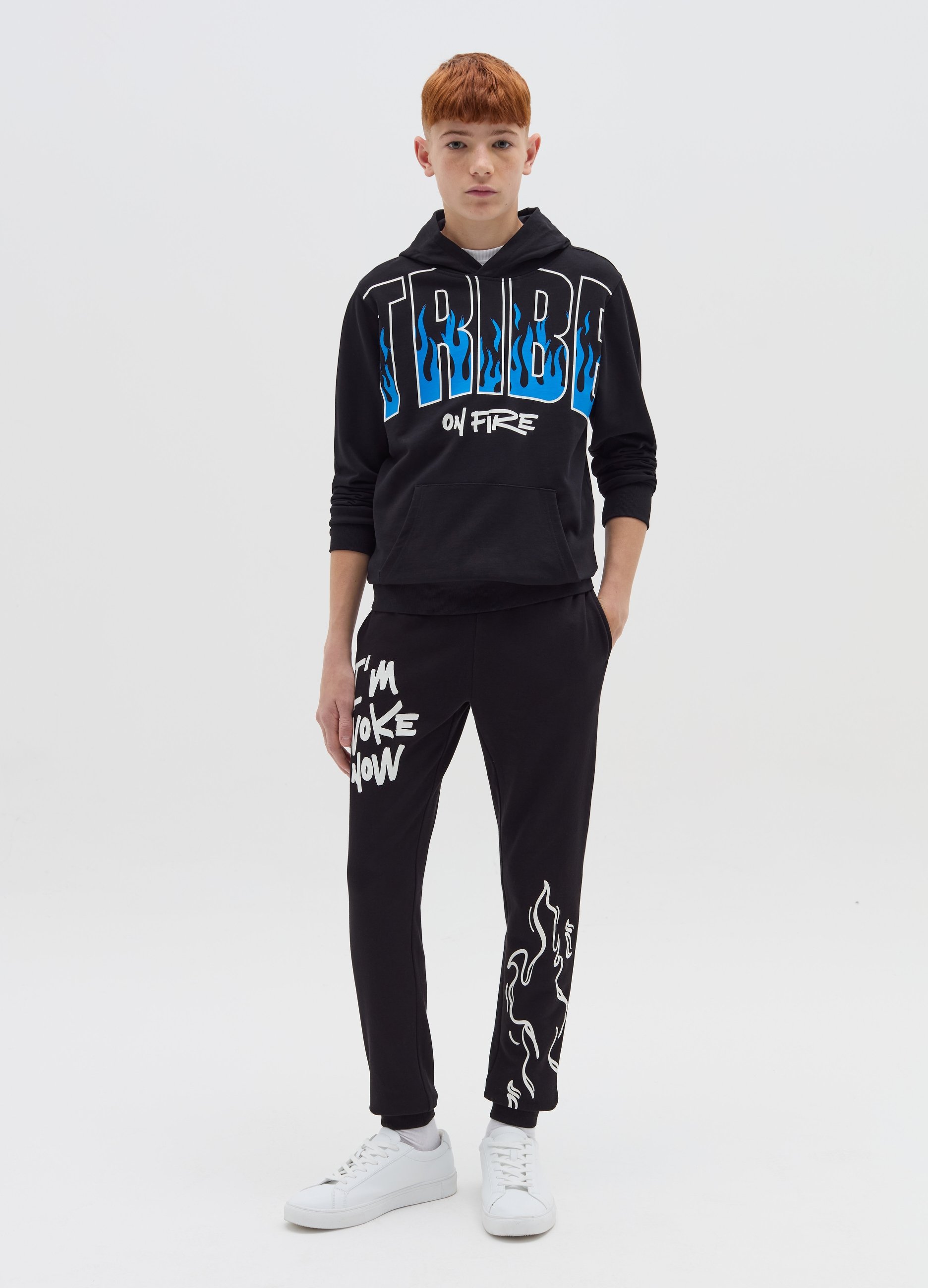 OVS KIDS, Joggers Con Coulisse Stampa Fiamme E Lettering, Bambino, Nero, Taglia: 10-11