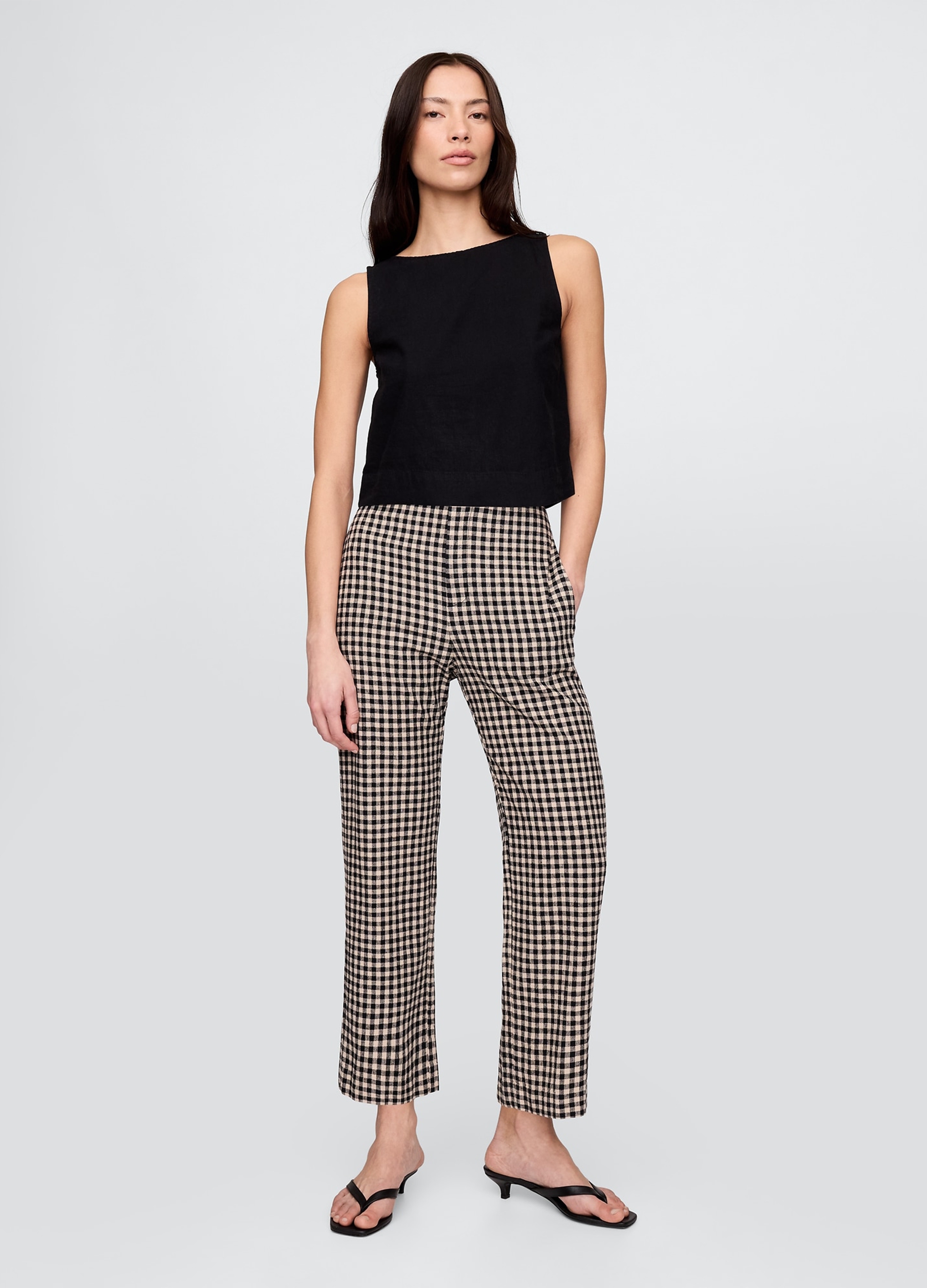 GAP, Pantaloni A Quadri Marrone E Nero In Lino E Viscosa, Donna, Marrone, Taglia: 48