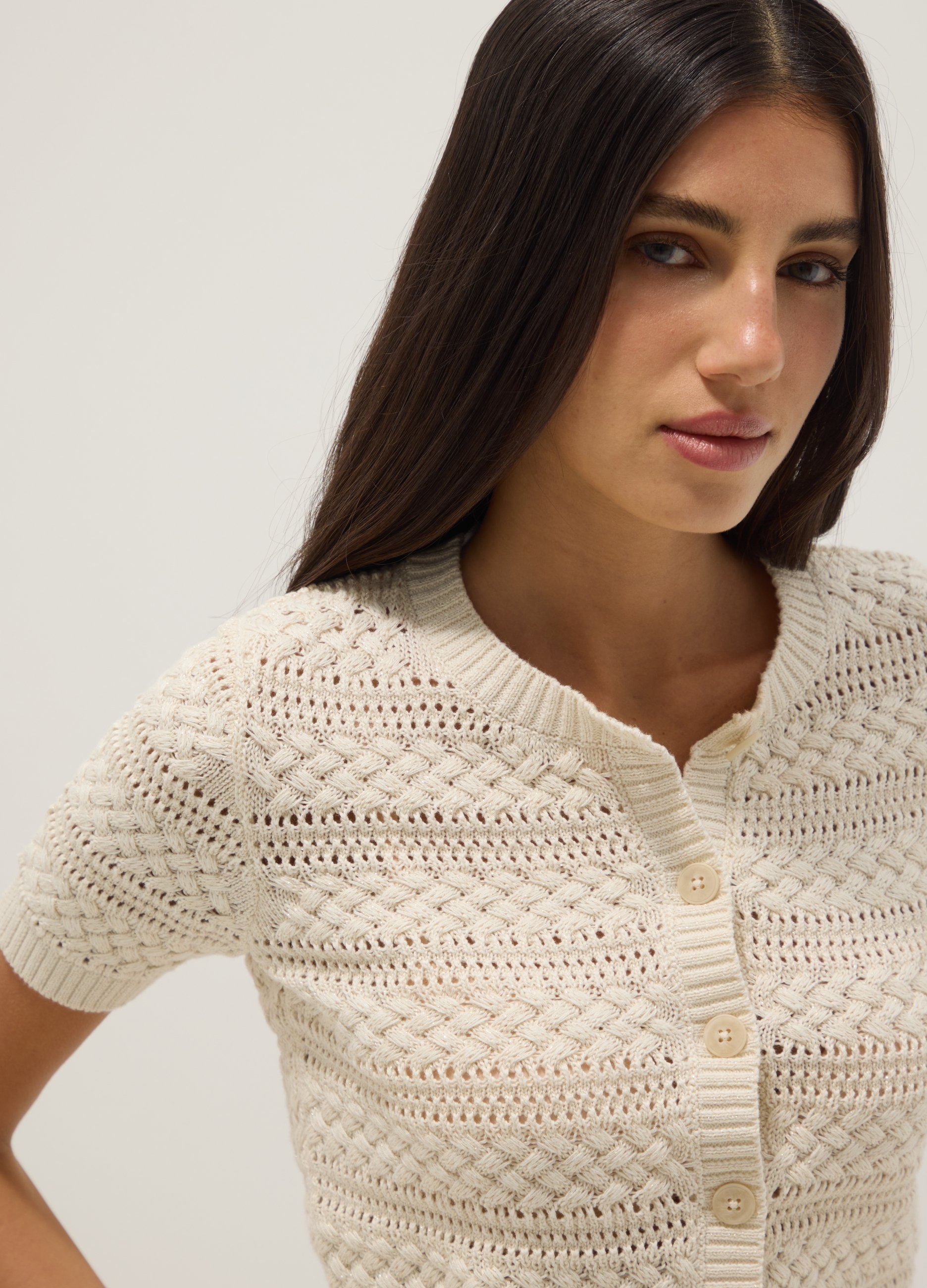 OVS, Cardigan In Misto Cotone Bianco Regular Fit Con Design A Maglia, Donna, Bianco, Taglia: L