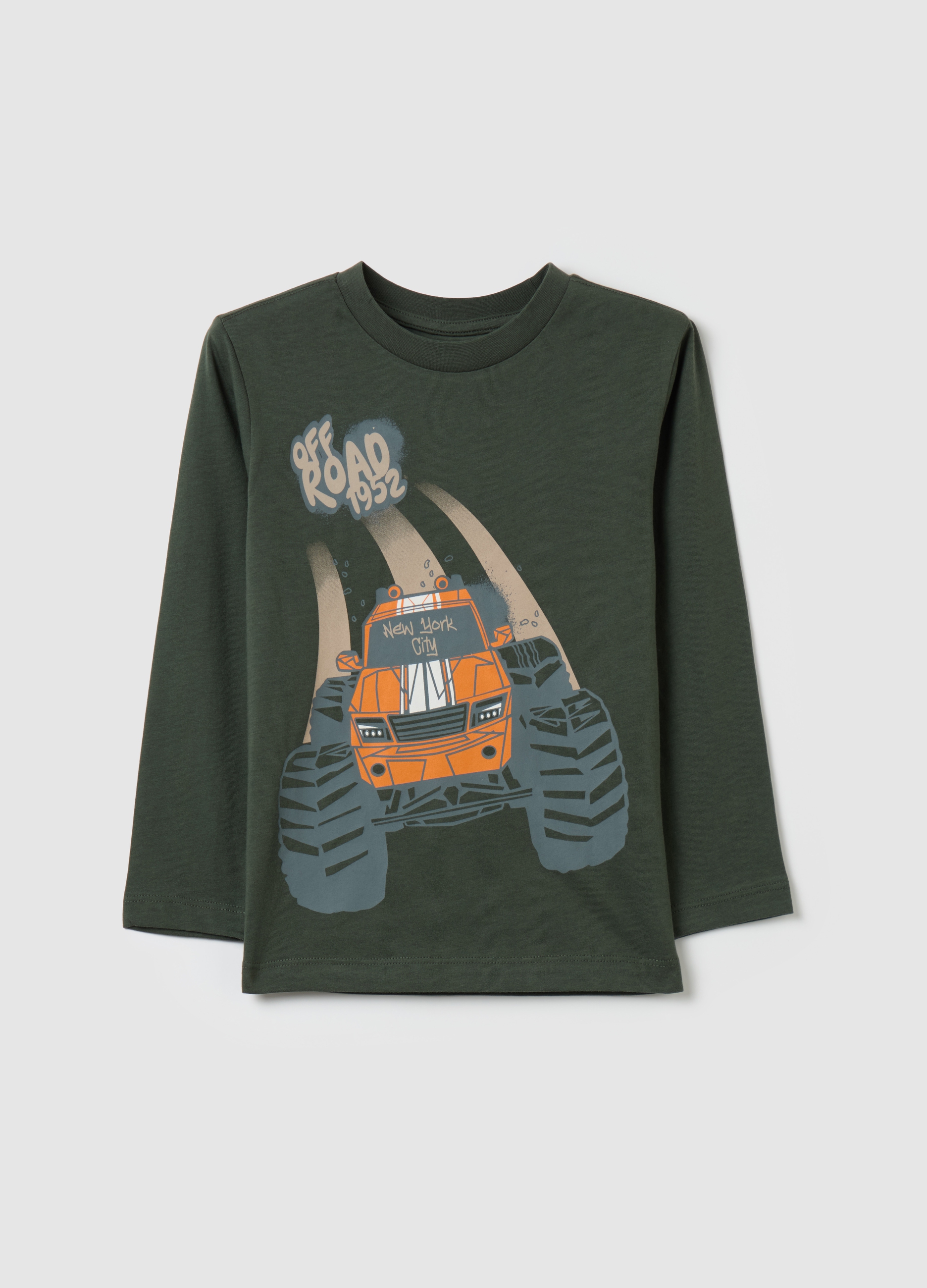 Camiseta Manga Larga De Algodón Con Estampado, Niño, Verde musgo, Talla: 7-8