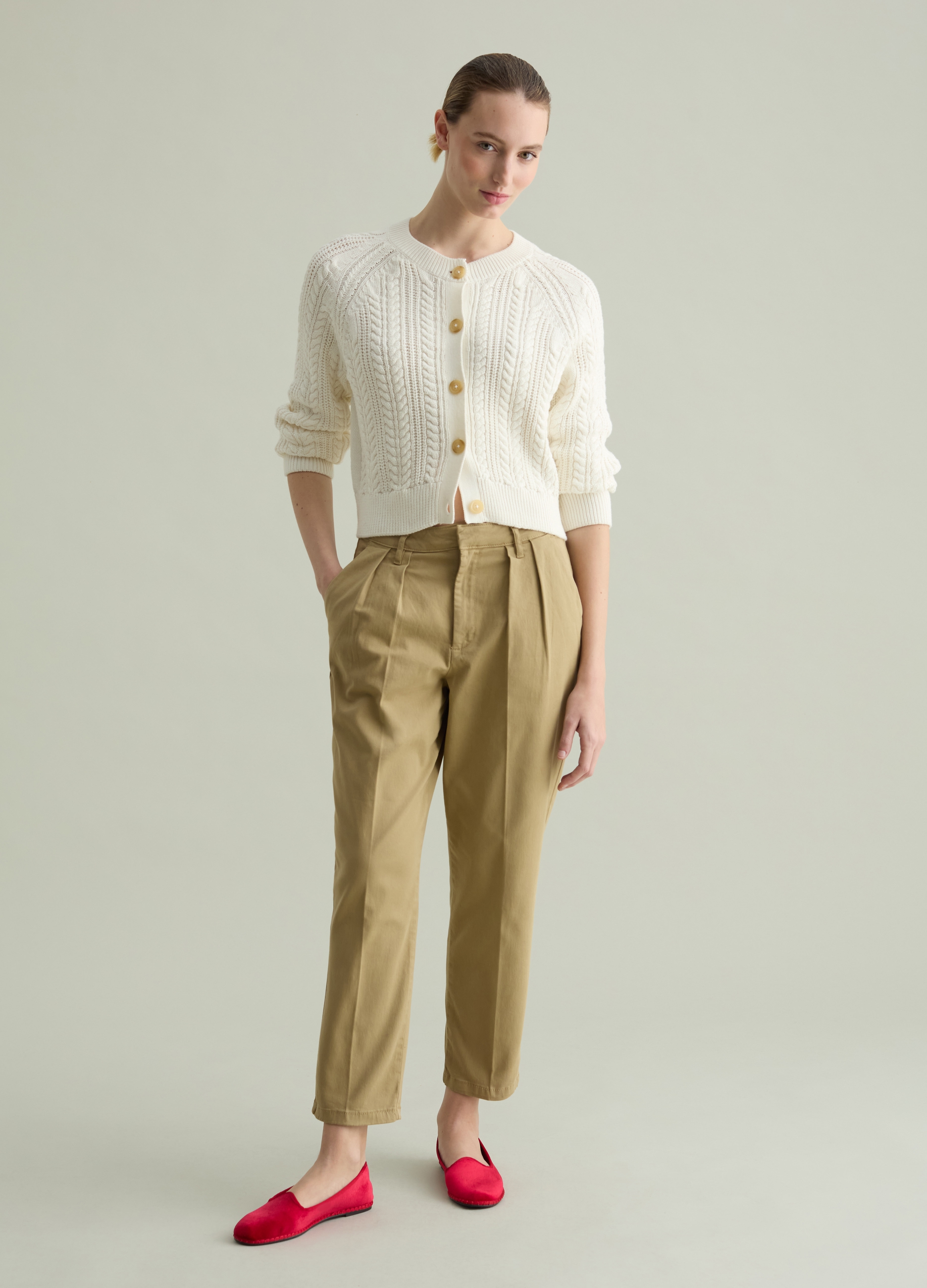 PIOMBO, Cárdigan De Algodón Con Punto Trenzado, Mujer, Blanco, Talla: 38