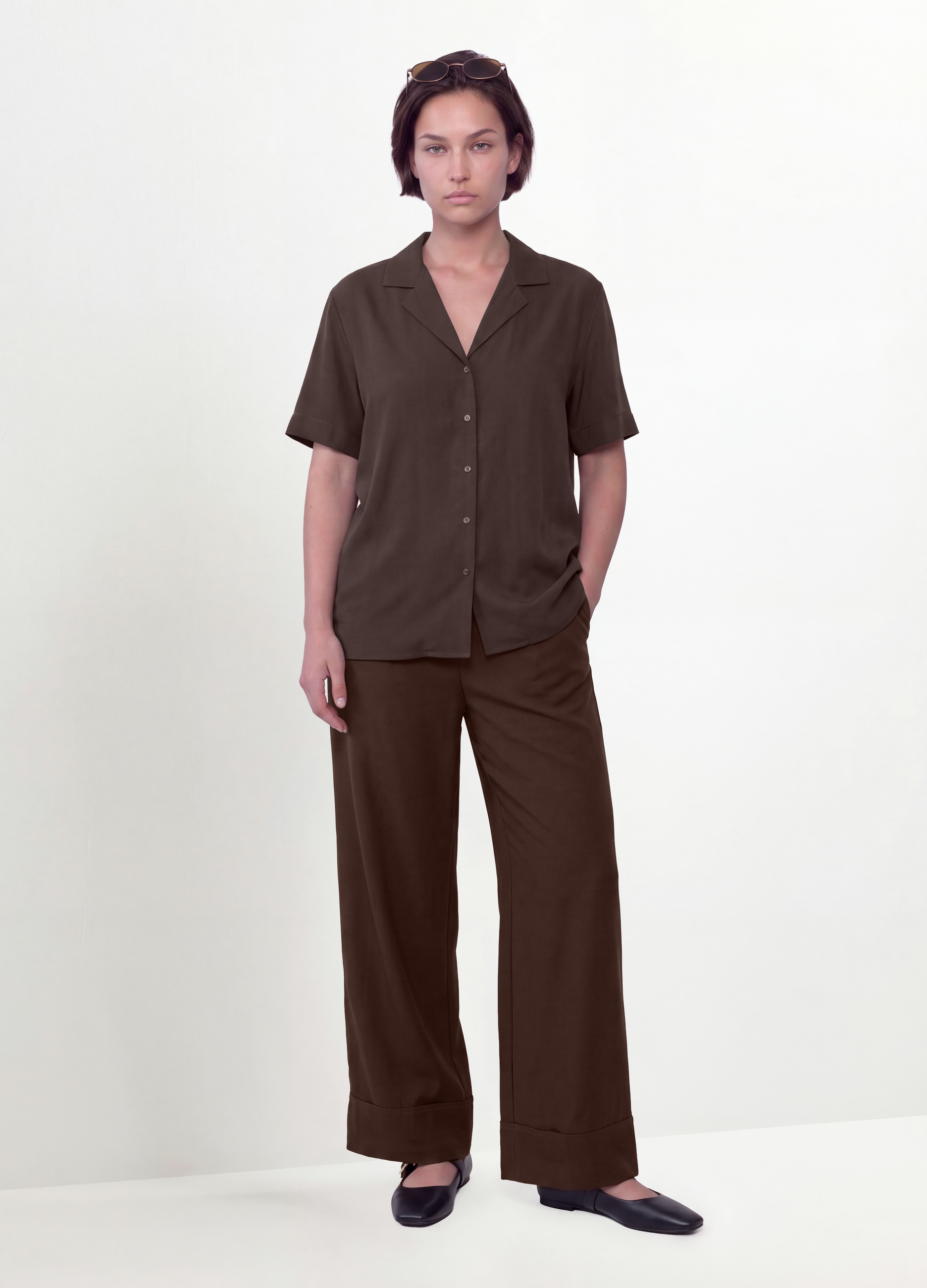 MYA, Camicia Over Fit Marrone In Misto Viscosa A Maniche Corte, Donna, Marrone, Taglia: S