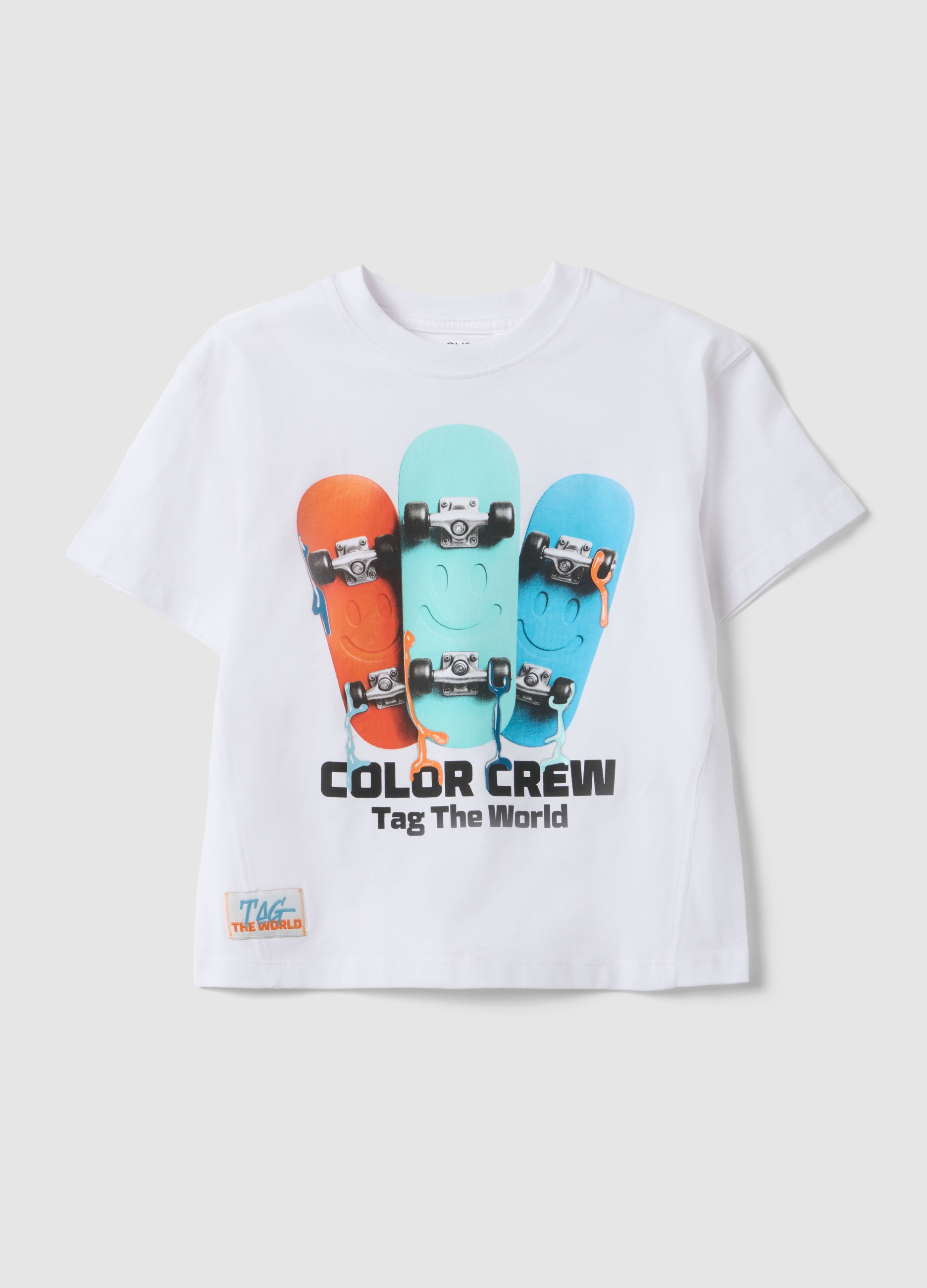 OVS KIDS, T-shirt In Puro Cotone Bianco Da Bambino Regular Fit Con Skateboard, Niño, Blanco óptico, Talla: 3-4