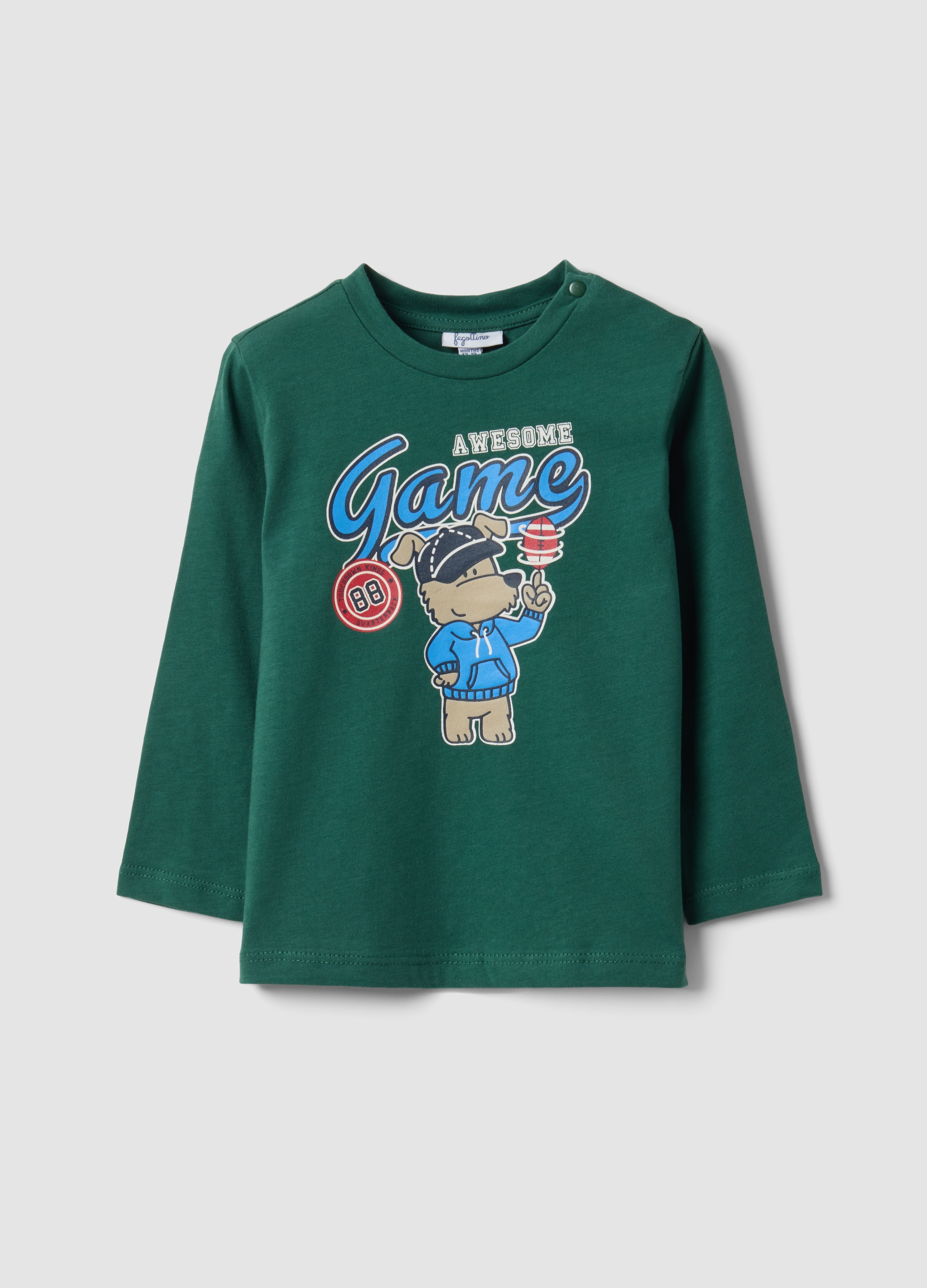 FAGOTTINO, T-shirt Verde In Puro Cotone Organico Con Stampa Cagnolino Per Bimbo, Bambino, Verde, Taglia: 30-36