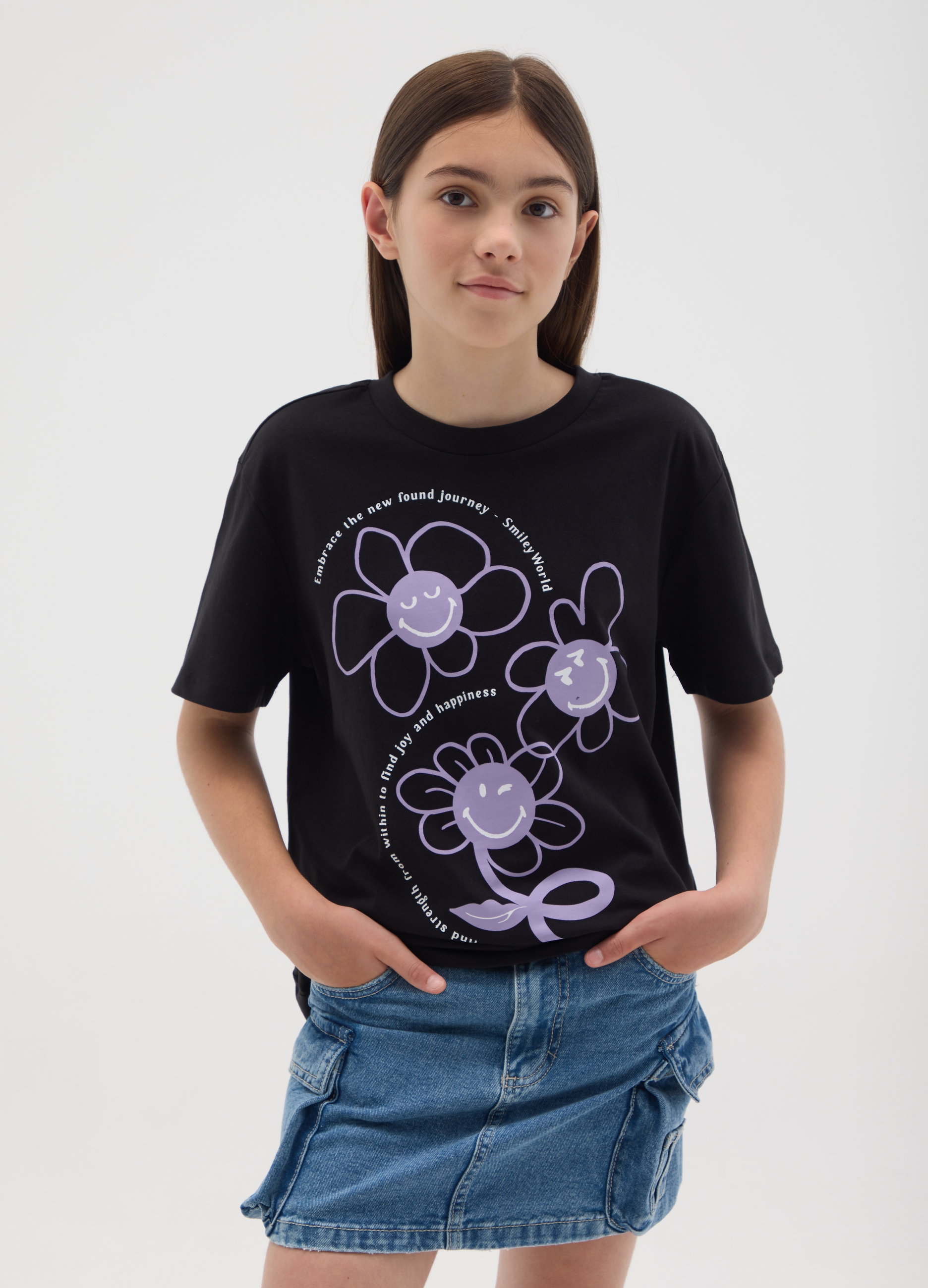 SMILEY, T-shirt Smileyworld® Da Ragazza In Puro Cotone Nero, Bambina, Nero, Taglia: 10-11