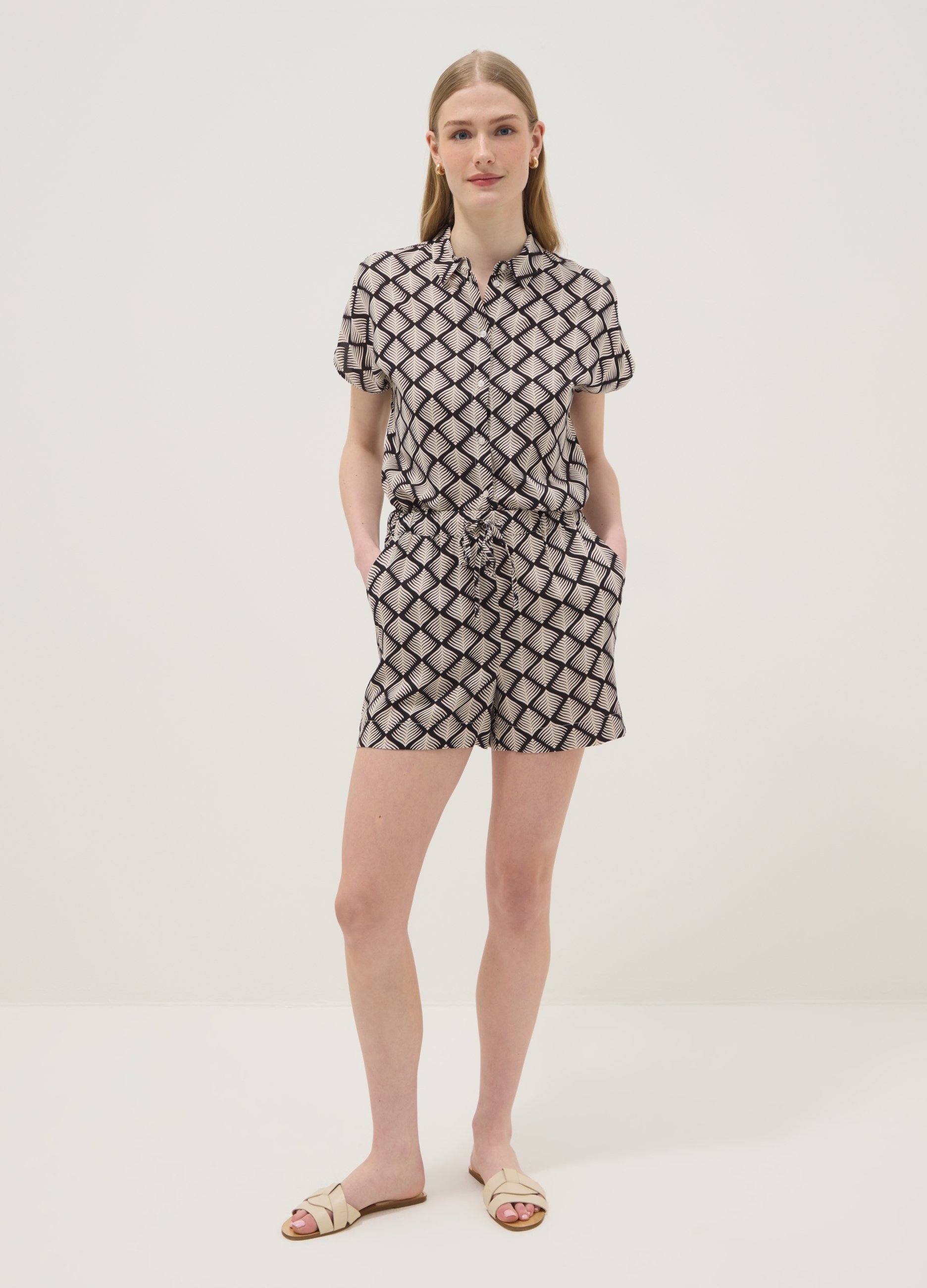 Short Multicolor De Viscosa Pura, Mujer, Negro/Blanco, Talla: 42