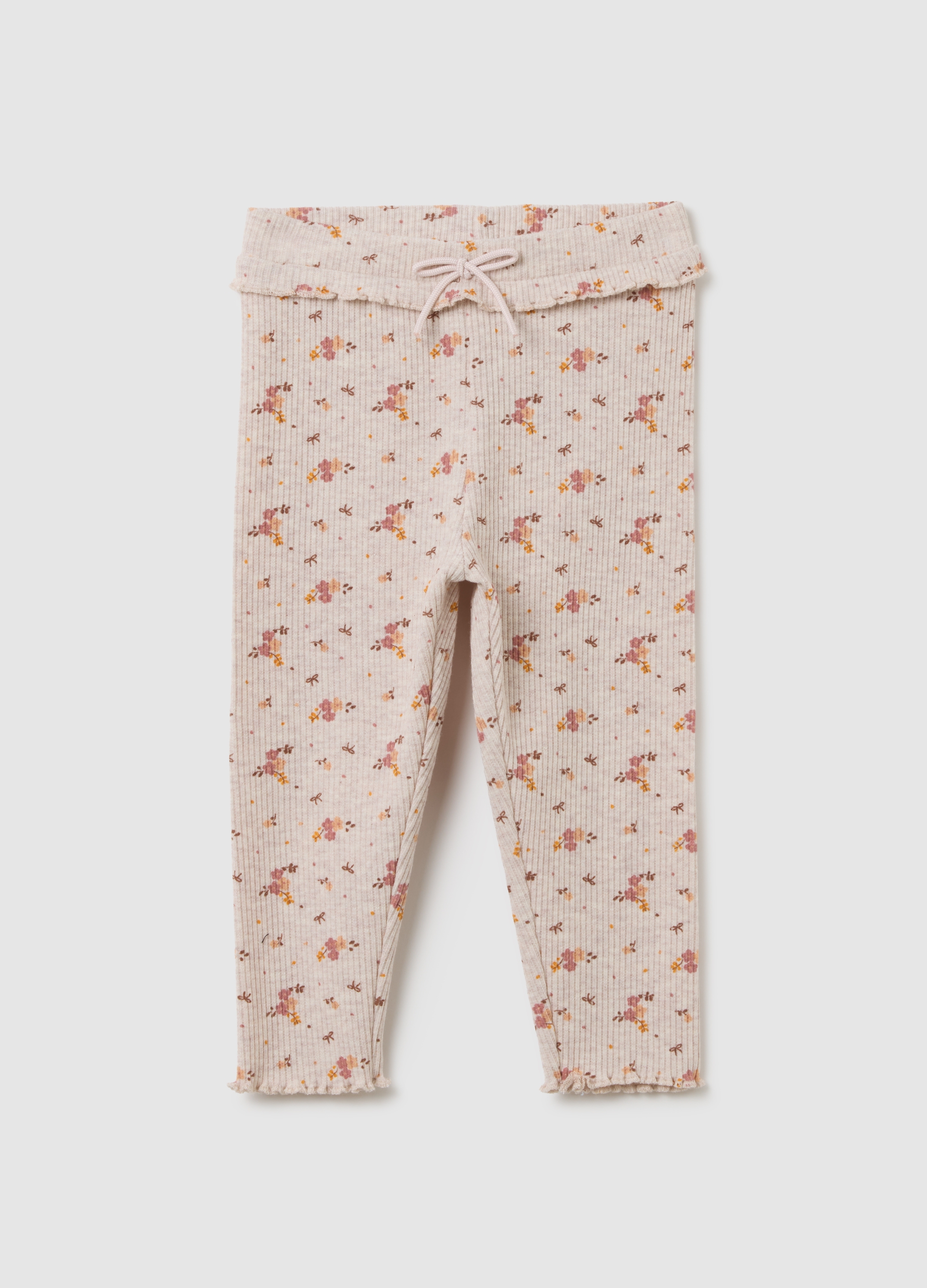 FAGOTTINO, Leggings Da Bambina In Misto Cotone Beige A Fiori, Beige, Taglia: 9-12