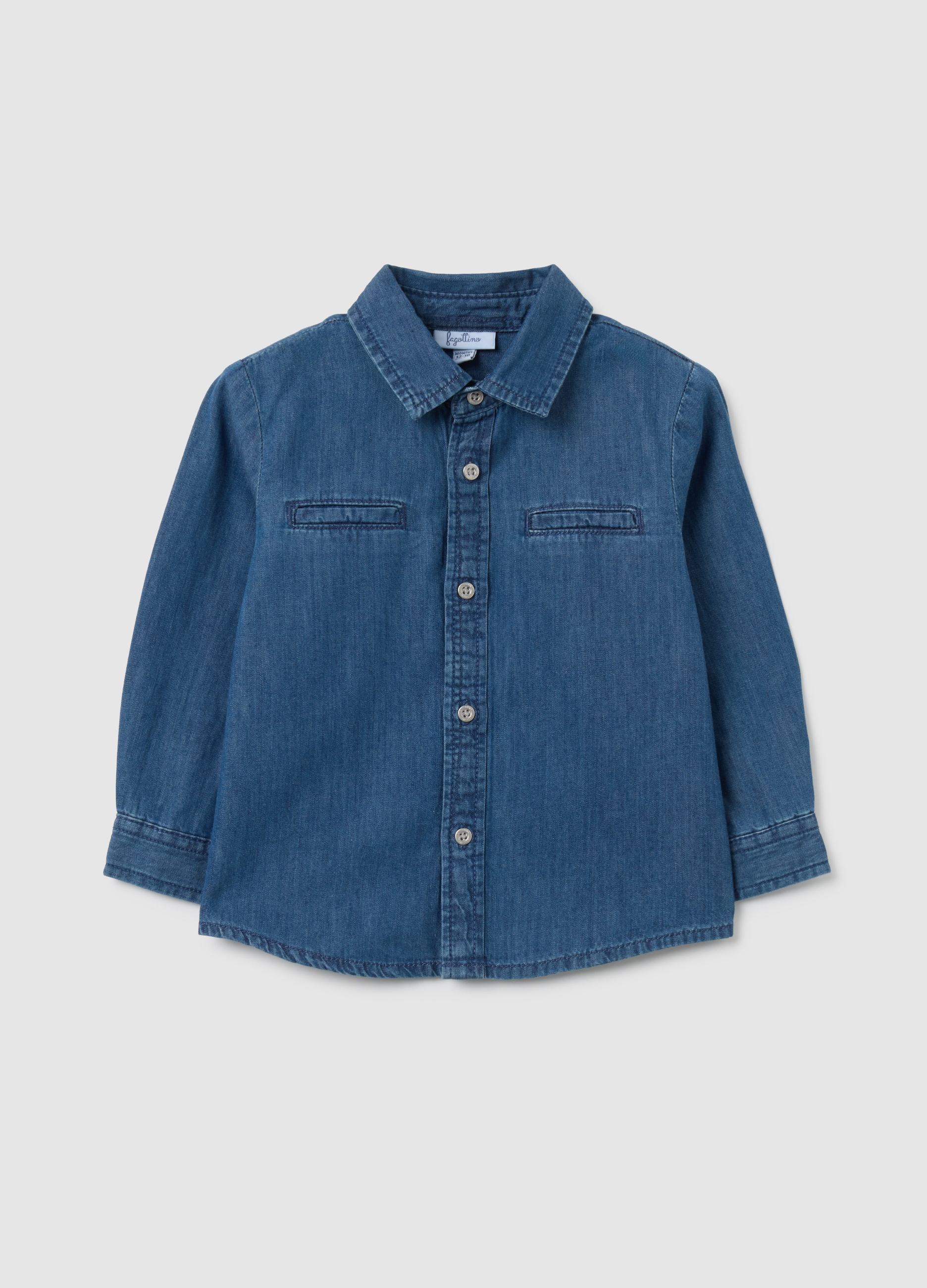 Camisa Infantil De Denim En Algodón Puro, Ajuste Regular, Niño, Azul oscuro, Talla: 24-30