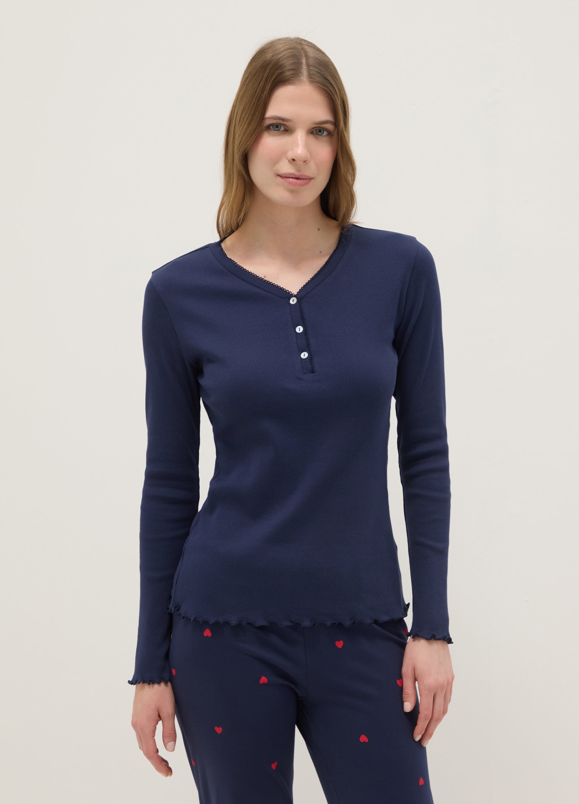 Camiseta Azul De Manga Larga En Algodón Puro Regular Fit Con Cuello Henley, Mujer, Azul oscuro, Talla: XXL