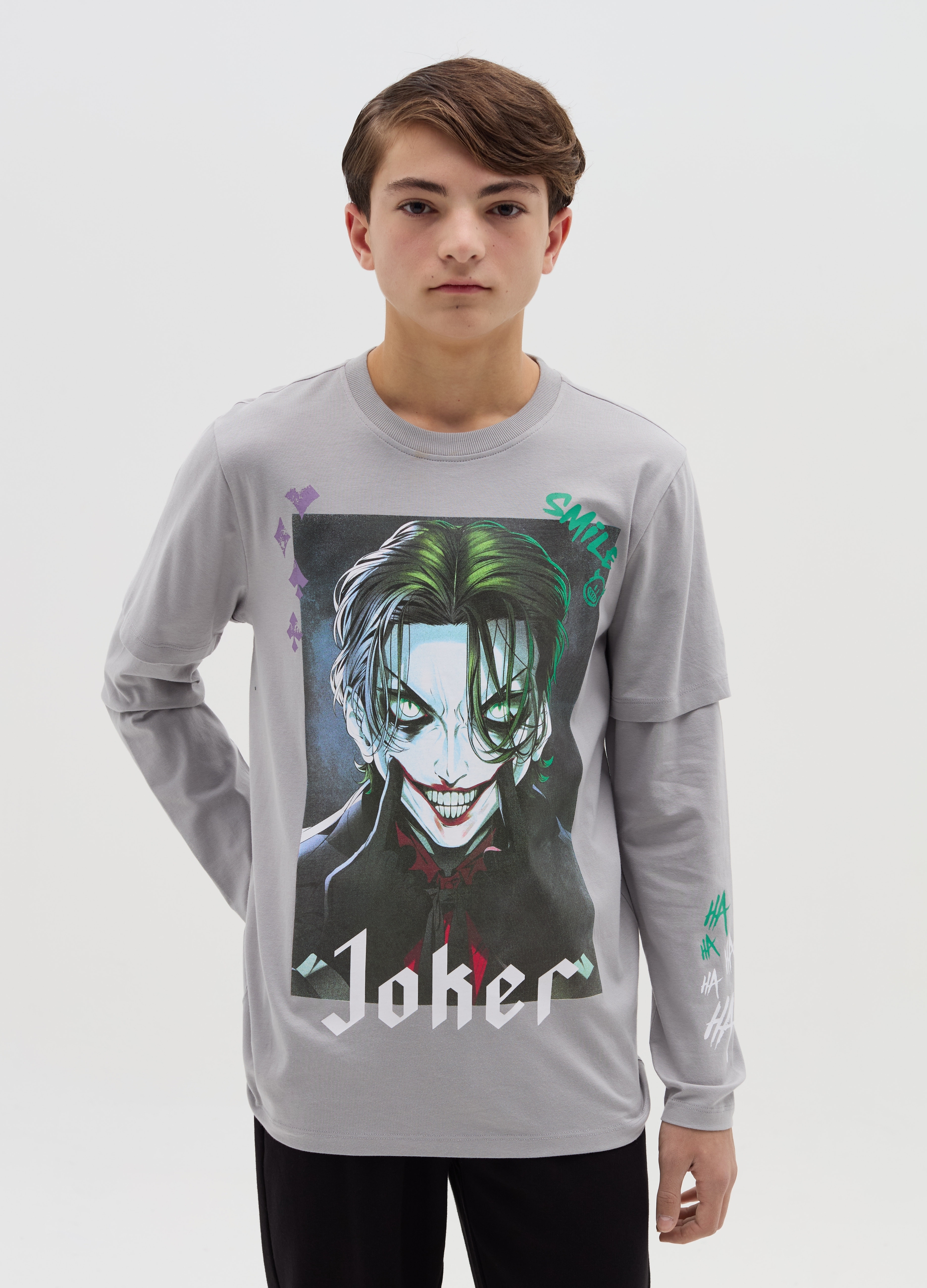 WARNER BROS, T-shirt Con Maniche A Strati Stampa Joker, Bambino, Grigio, Taglia: 11-12