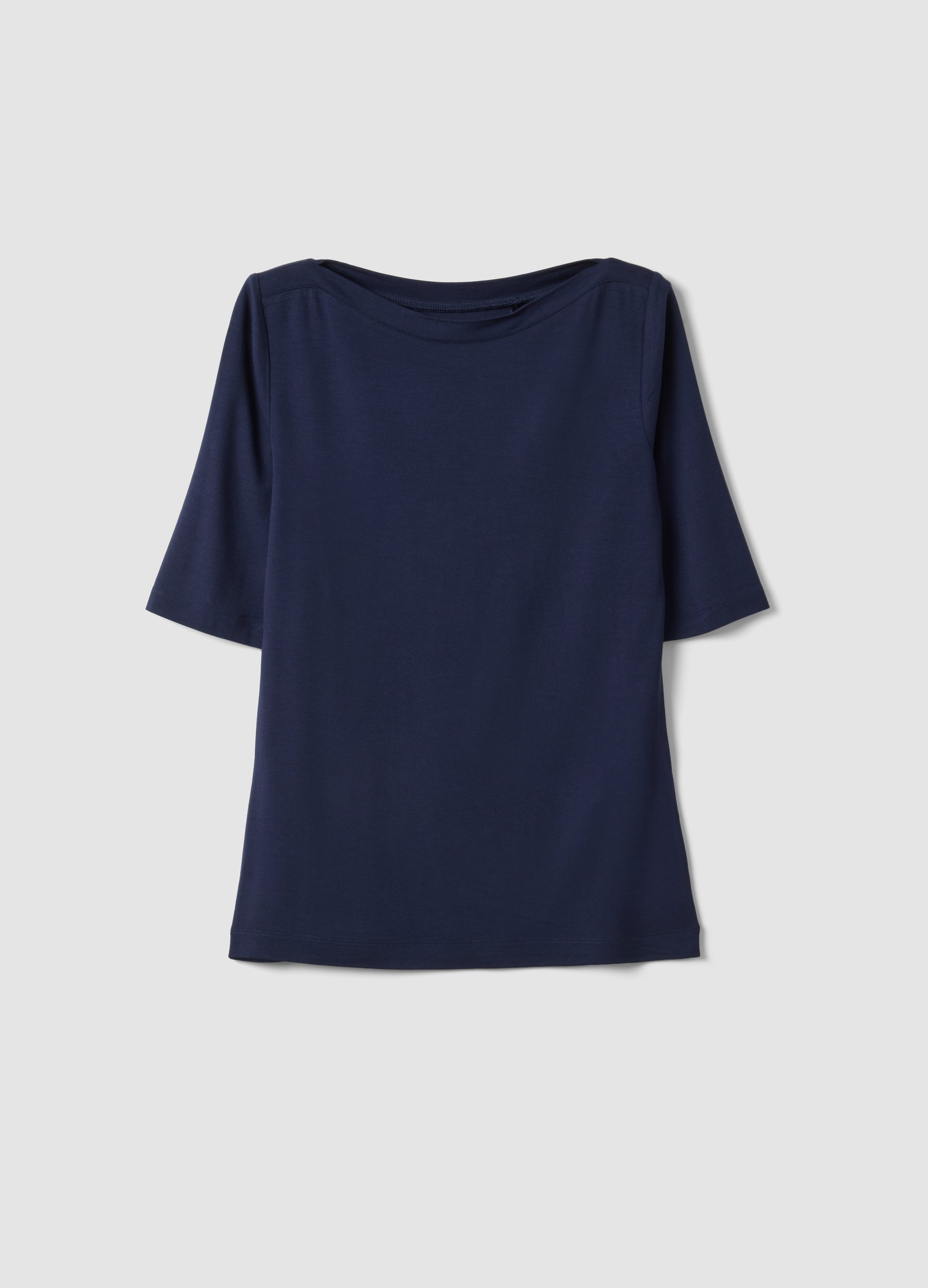 Camiseta Azul De Viscosa Elástica, Ajuste Regular, Cuello Barco, Mujer, Azul marino, Talla: 38