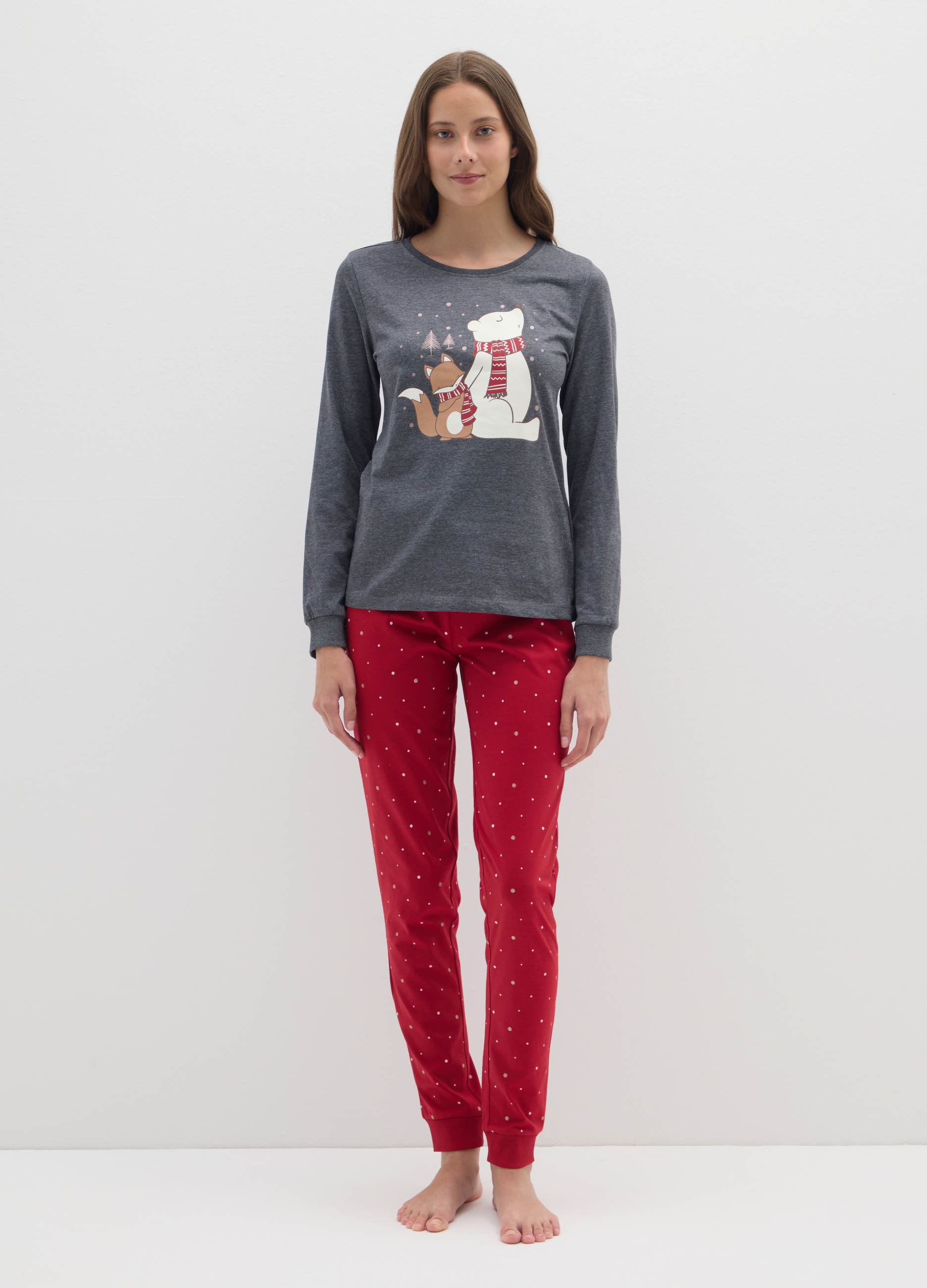 Pijama Multicolor De Algodón Puro Corte Regular Con Lunares, Mujer, Gris/rojo, Talla: S