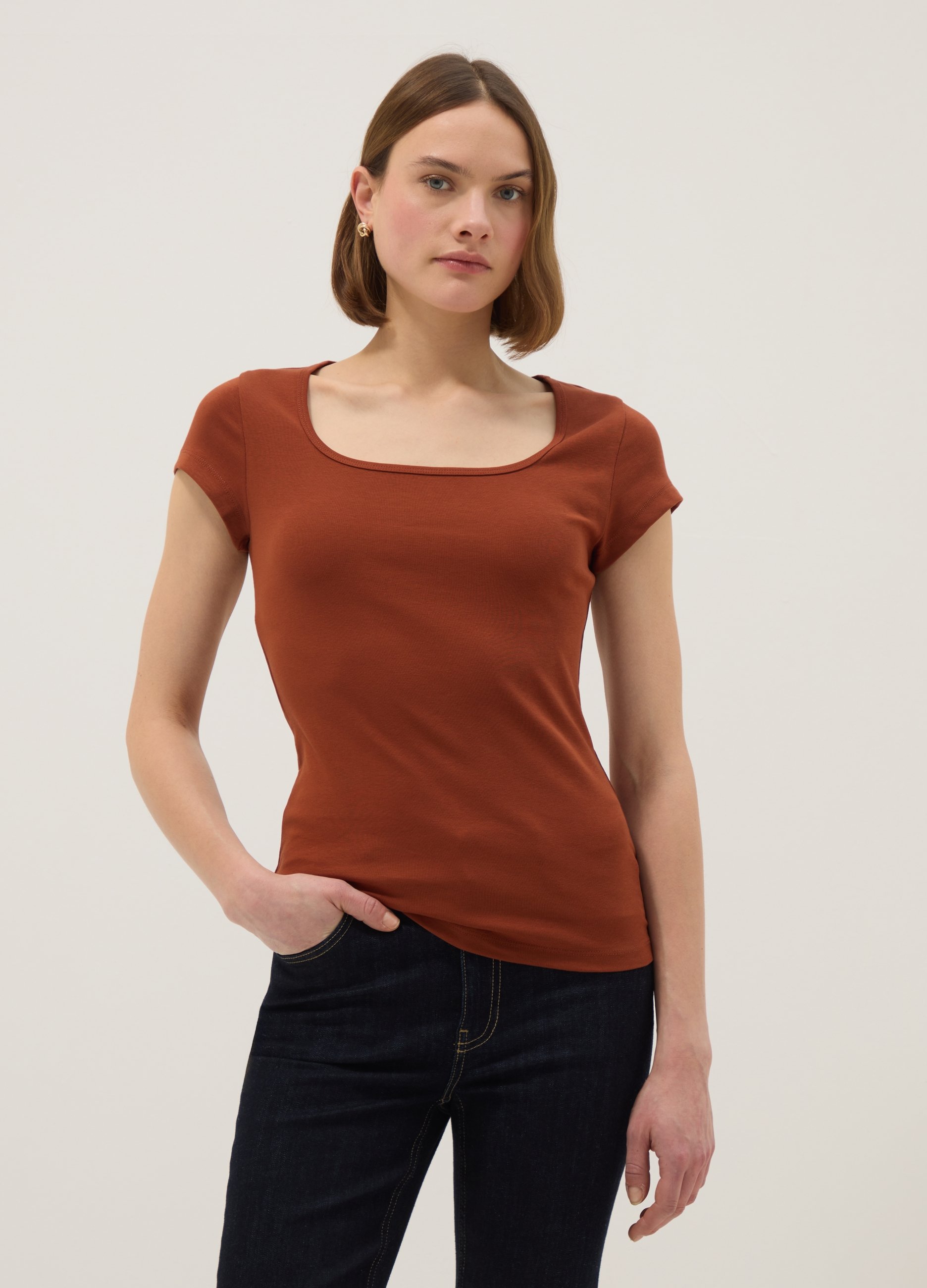 OVS, T-shirt Fitted In Cotone Elasticizzato Arancione Con Scollo Quadrato, Donna, Arancione, Taglia: S