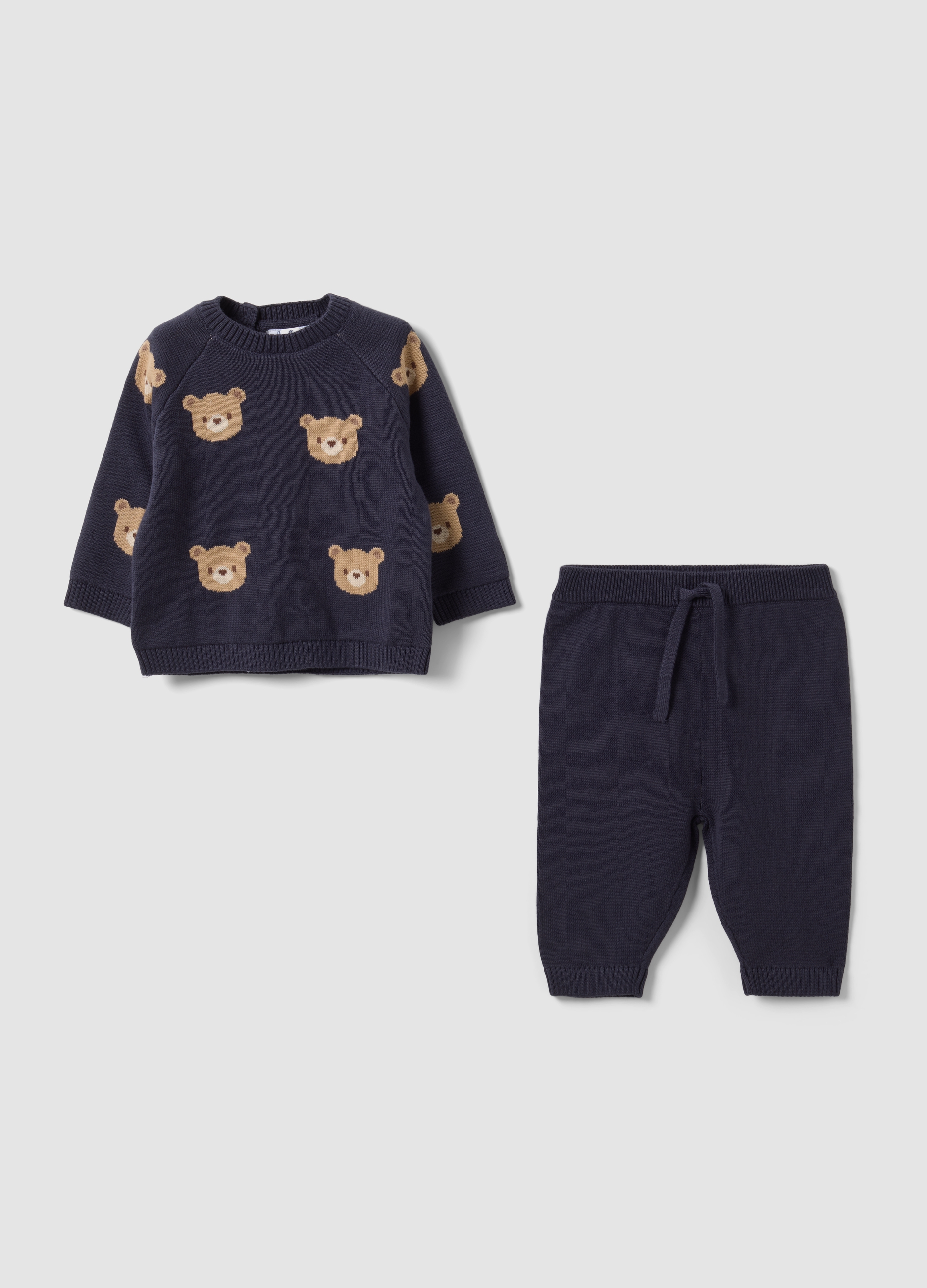 FAGOTTINO, Completo Nero In Puro Cotone Con Maglia E Pantaloni Con Orsetti Per Neonato, Nero, Taglia: 1-3