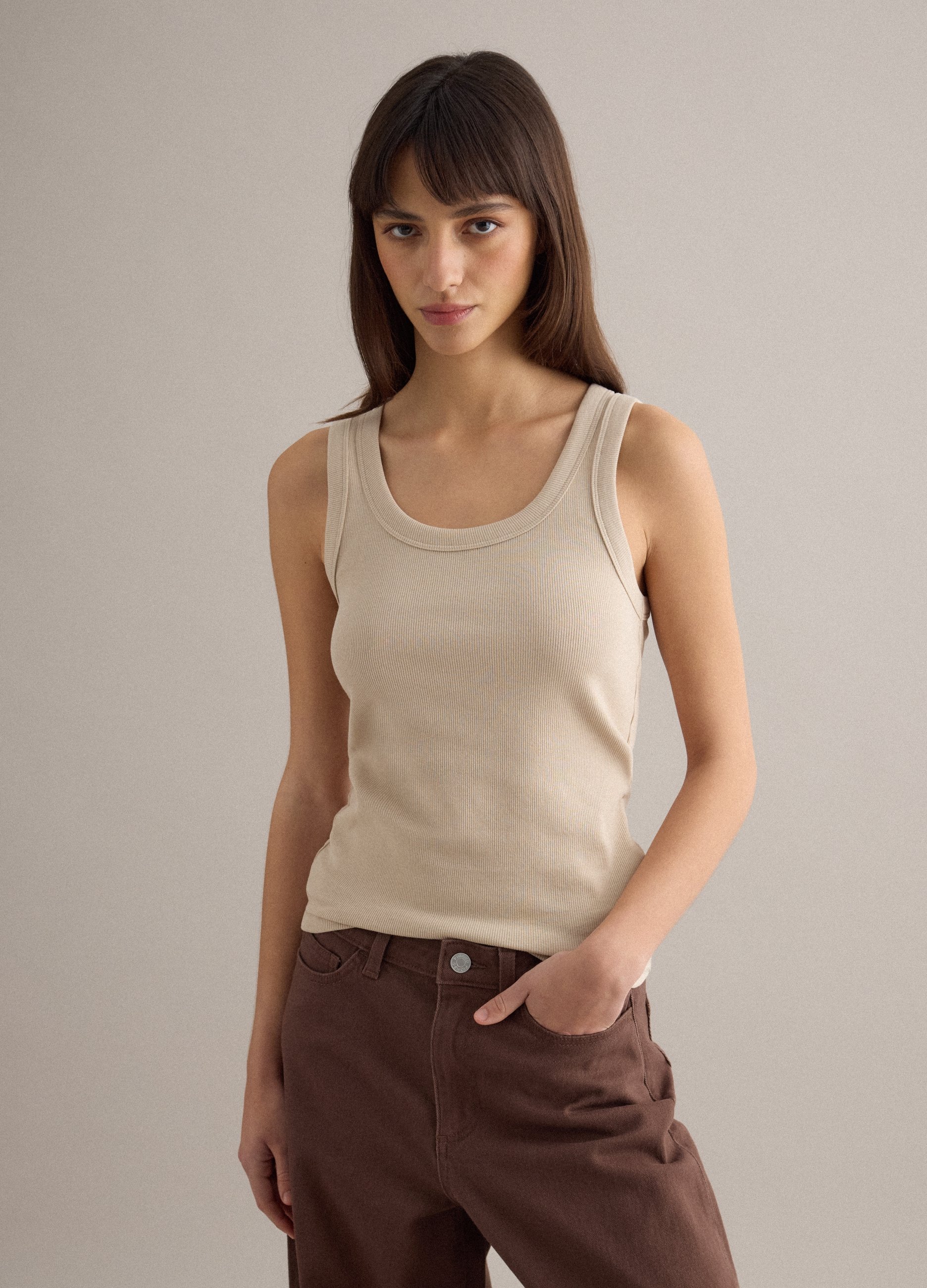 PIOMBO, Tank Top In Cotone Elasticizzato Beige Regular Fit, Mujer, Beige, Talla: 34