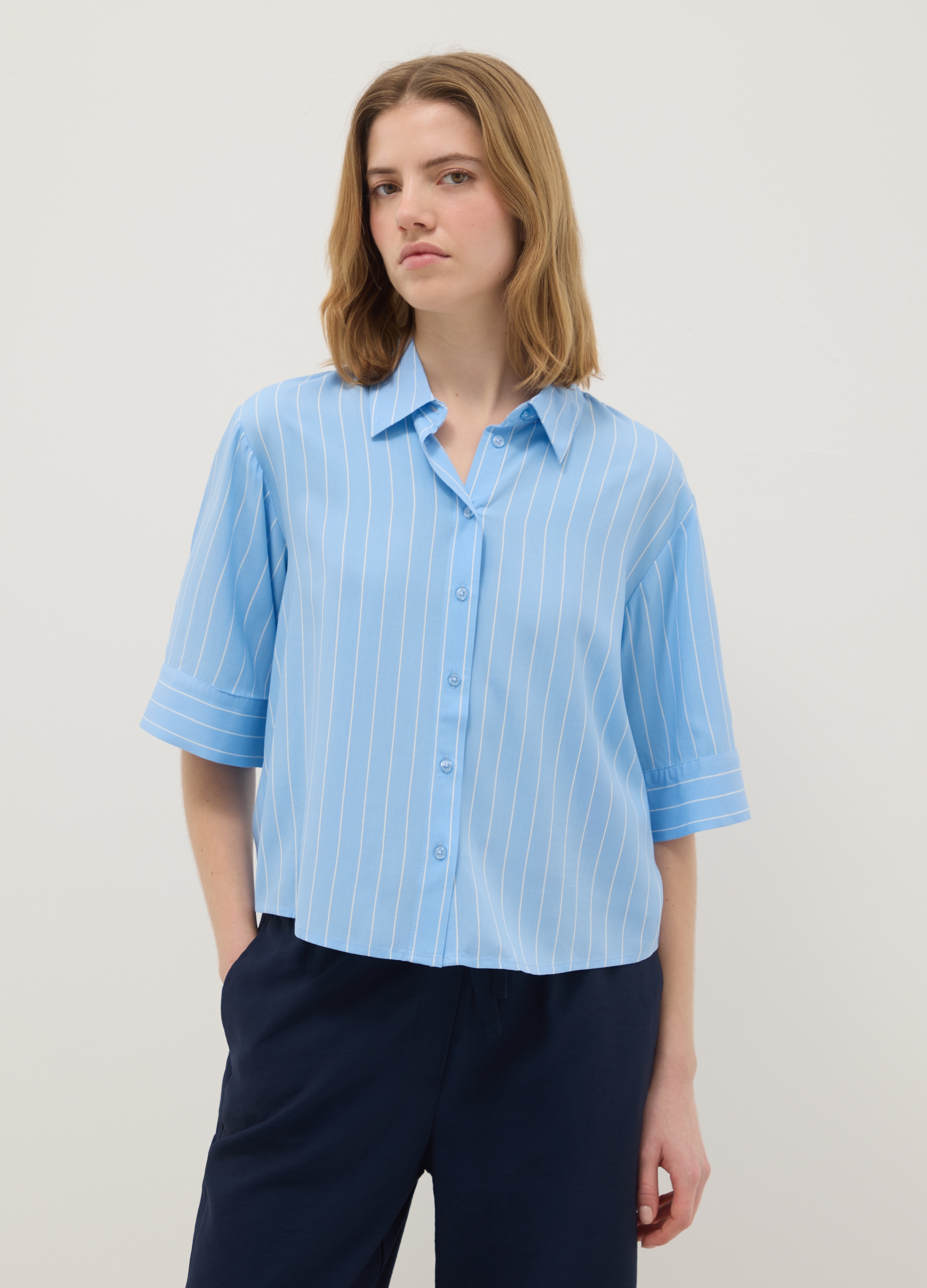 Camisa De Viscosa Pura Azul A Rayas De Ajuste Regular, Mujer, Blanco/azul claro, Talla: 36