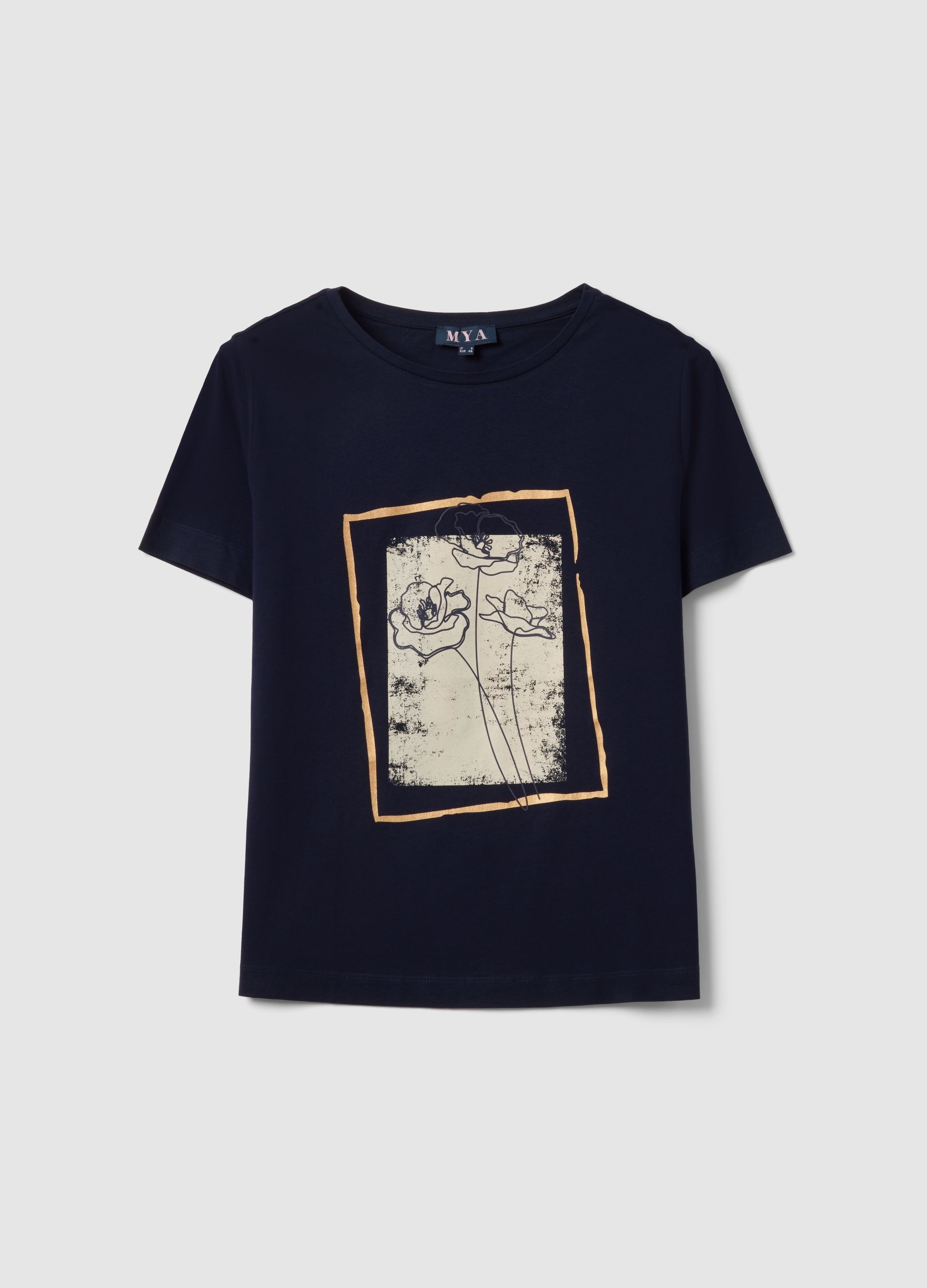 Camiseta Azul De Manga Corta De Algodón Puro Con Estampado, Corte Regular, Mujer, Azul Noche, Talla: S