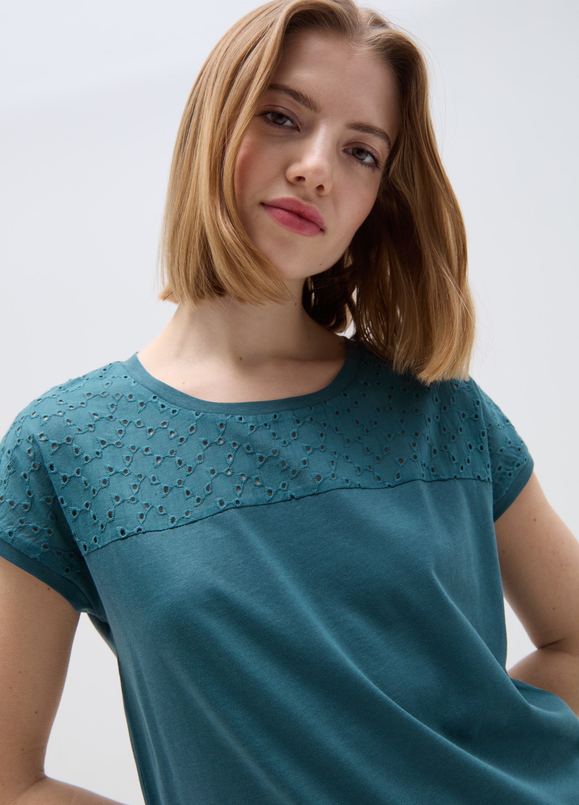 OVS , T-shirt In Cotone Con Sangallo, Donna, Verde, Taglia: L