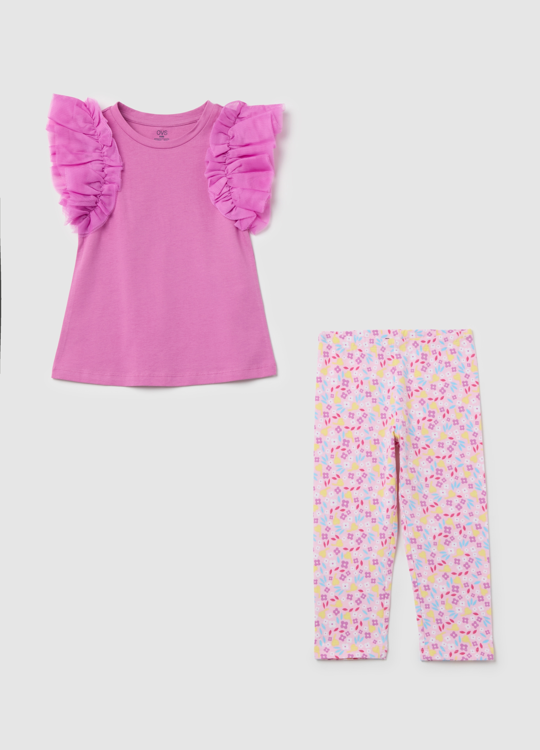 OVS, Jogging Set In Cotone Con Volant E Stampa, Bambina, Rosa, Taglia: 3-4