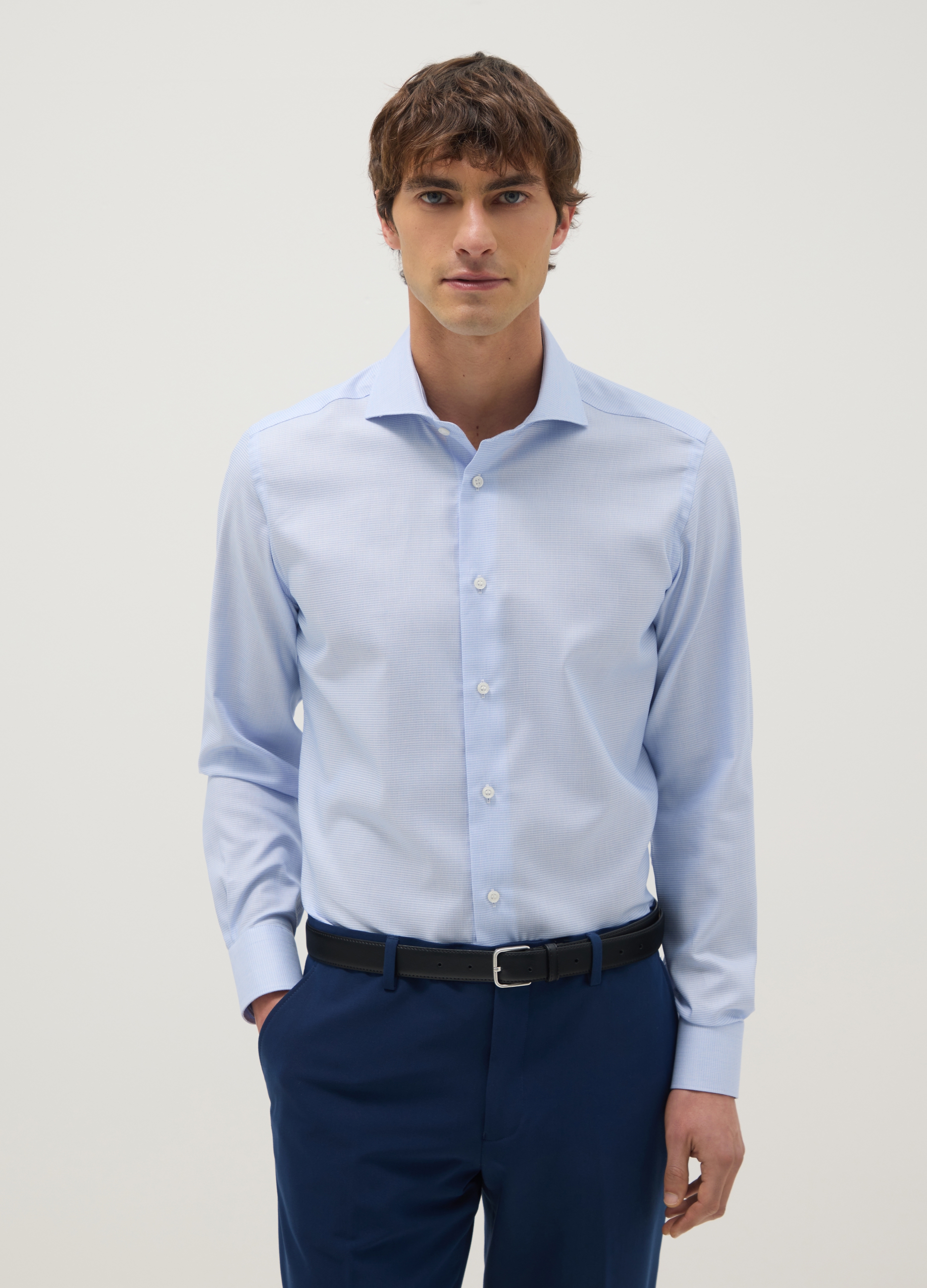 Camisa Azul Celeste De Algodón Puro Con Patrón Microcuadros Slim Fit, Hombre, Azul Azur, Talla: 44