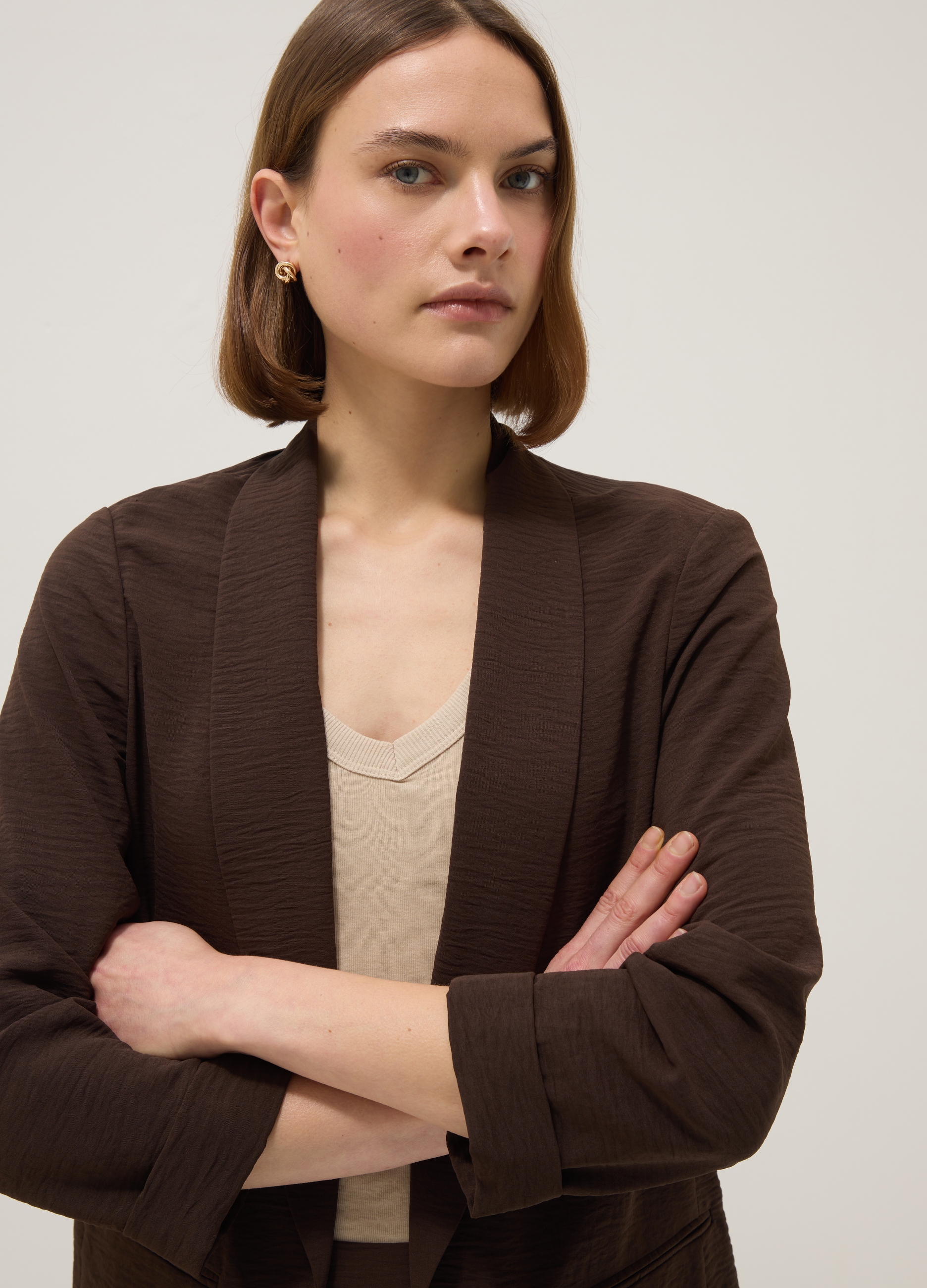 Blazer Marrón Sin Botones De Corte Regular, Mujer, Marrón, Talla: 40