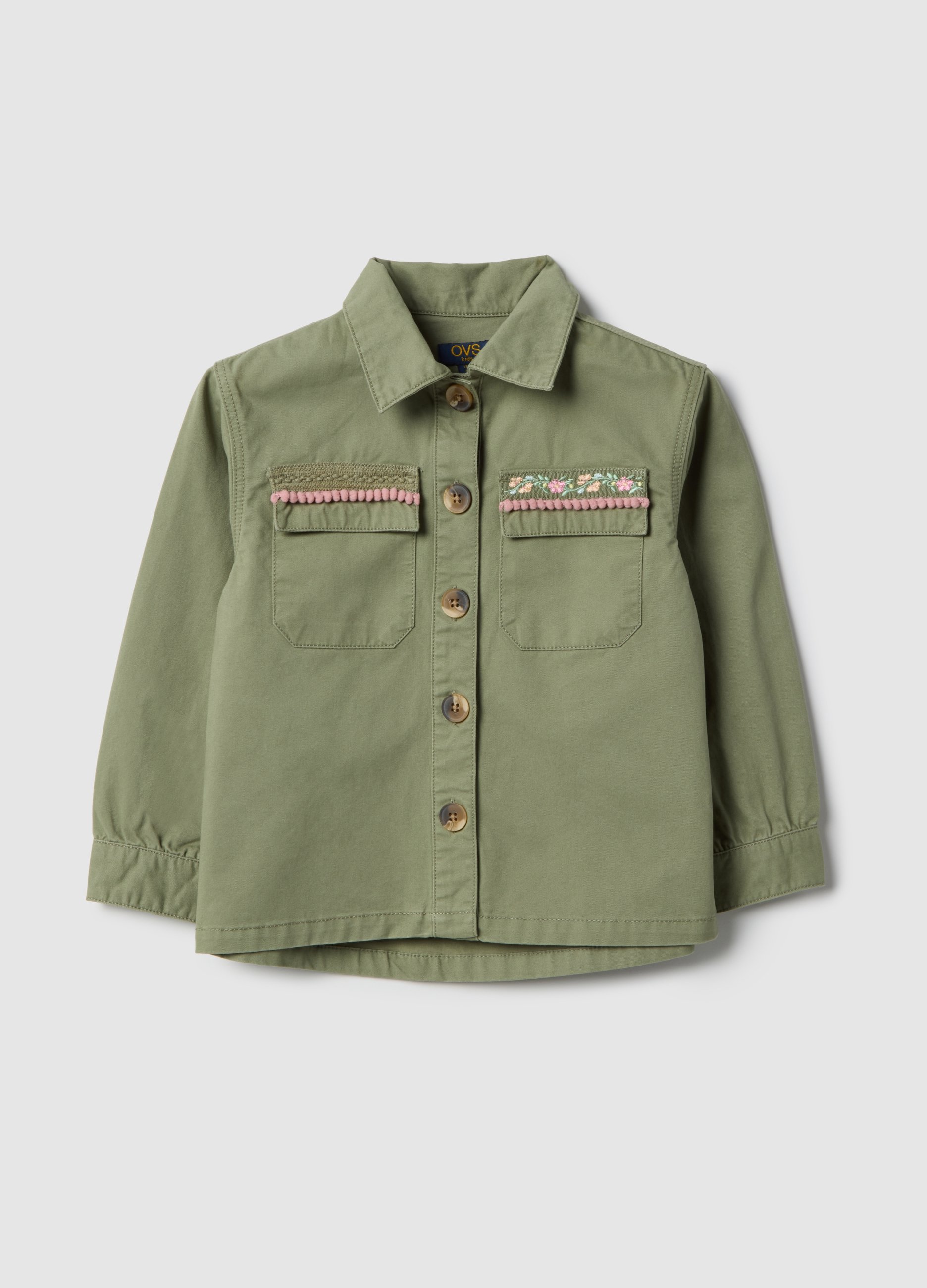 OVS KIDS, Chaqueta Ligera Verde De Algodón Puro Para Niña Regular Fit Con Bordados, Niña, Verde oscuro, Talla: 7-8