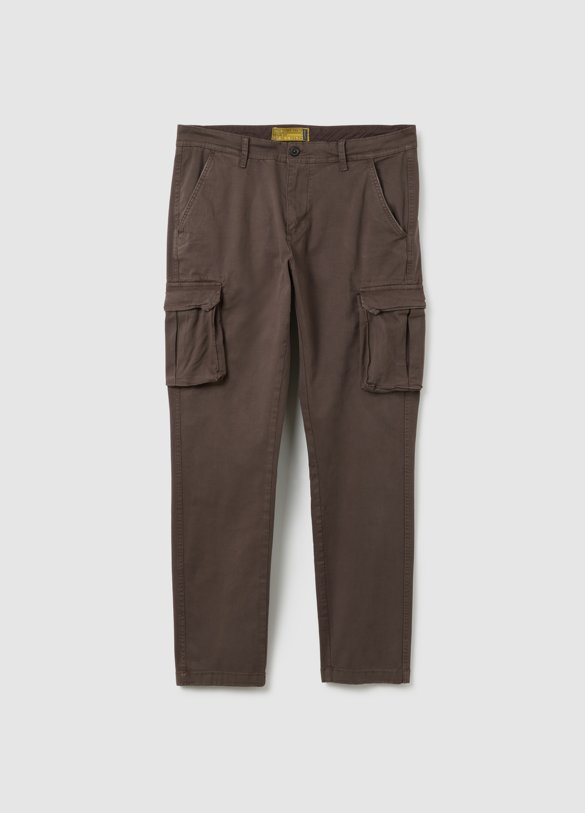 Pantalones Cargo Marrones De Algodón Elástico Slim Fit, Hombre, Marrón cuero, Talla: 46