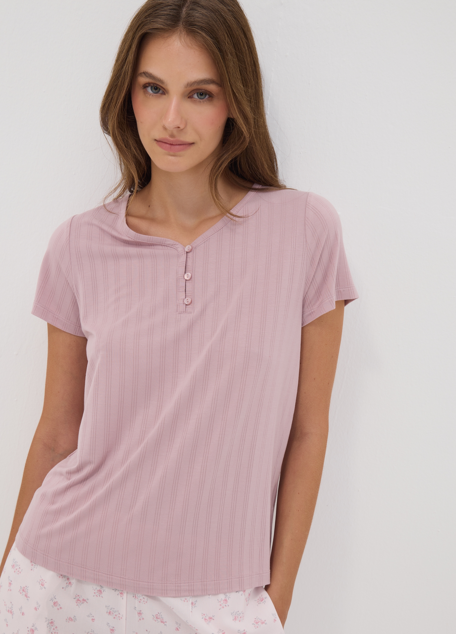 OVS, T-shirt Pigiama Viola In Viscosa Elasticizzata Con Scollo A V, Donna, Viola, Taglia: S