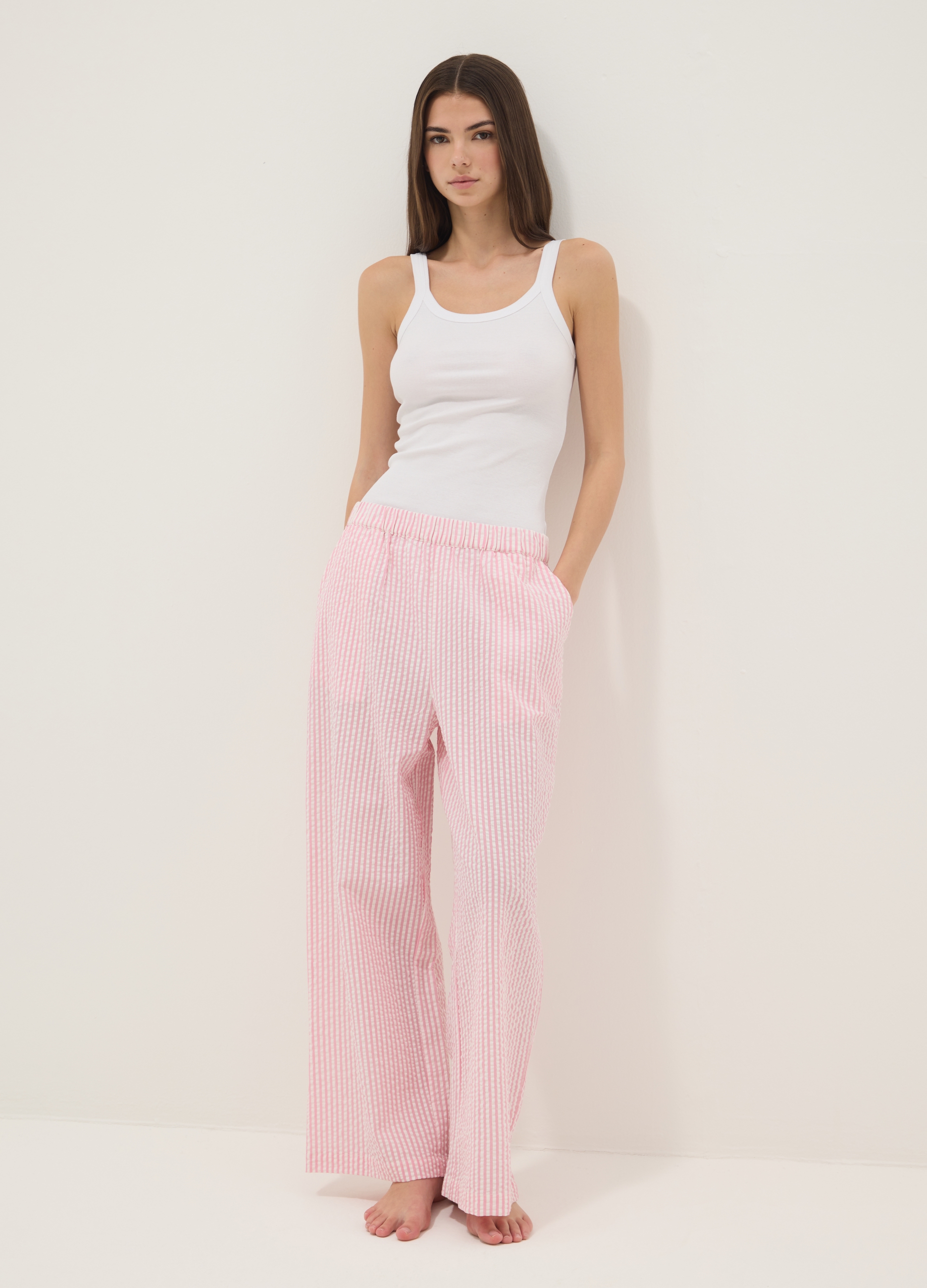 Ovs Mujer Blanco/Rosa Pantalones De Pijama De Algodón Puro Con Rayas Multicolores En Ajuste Regular, Talla: M