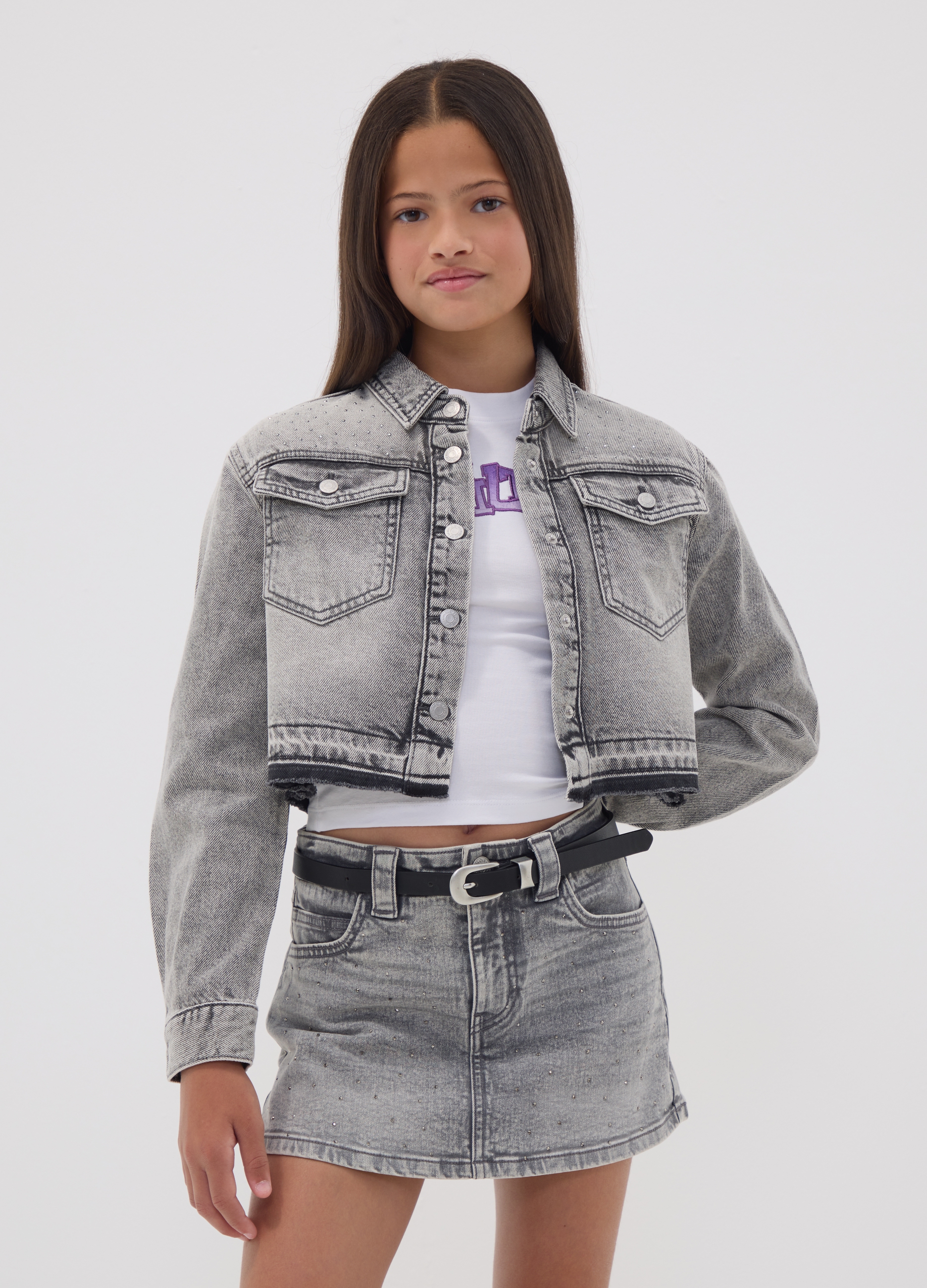 OVS KIDS, Camicia Grigia Corta In Puro Cotone Con Borchie Per Ragazza, Bambina, Grigio, Taglia: 12-13