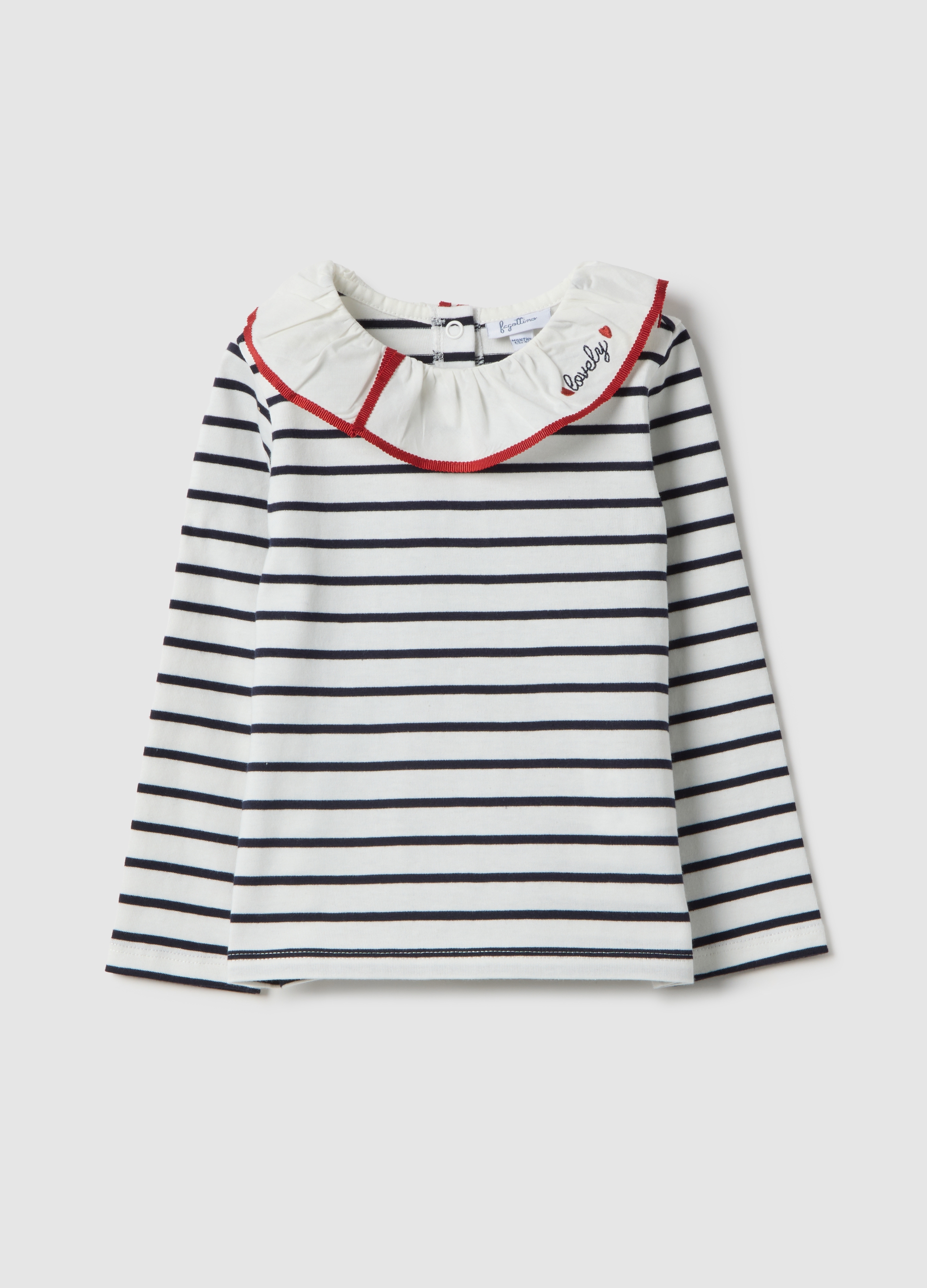 FAGOTTINO, T-shirt In Puro Cotone A Righe Multicolor Da Bimba Con Collo Ricamato, Niña, Blanco/azul, Talla: 18-24