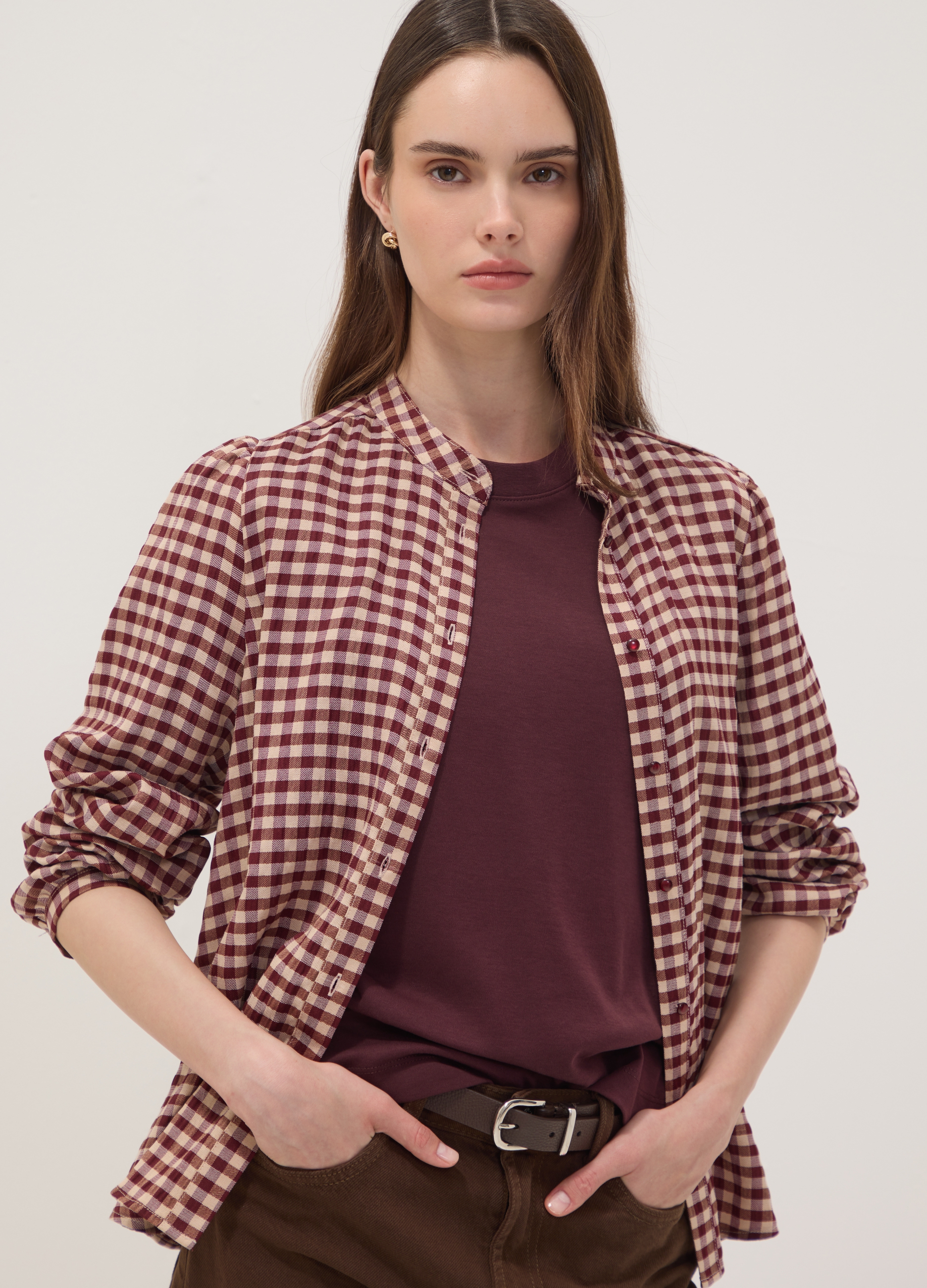 OVS, Camicia Bianca A Quadri In Viscosa Elasticizzato Con Collo Coreano, Donna, Multicolor, Taglia: 38