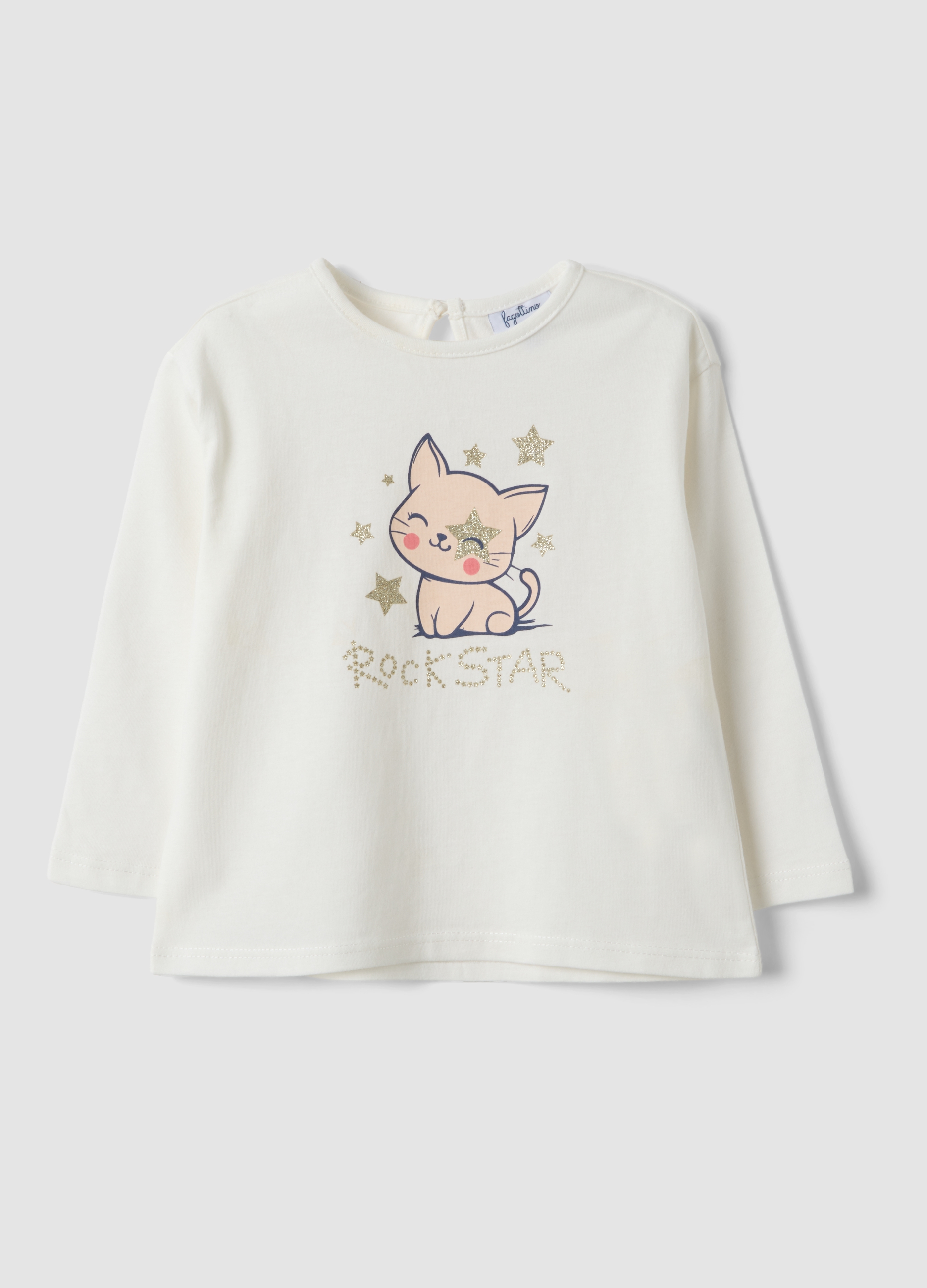 FAGOTTINO, Maglietta Bianca In Puro Cotone Organico Con Stampa Gattino Per Bimba, Bambina, Bianco, Taglia: 30-36