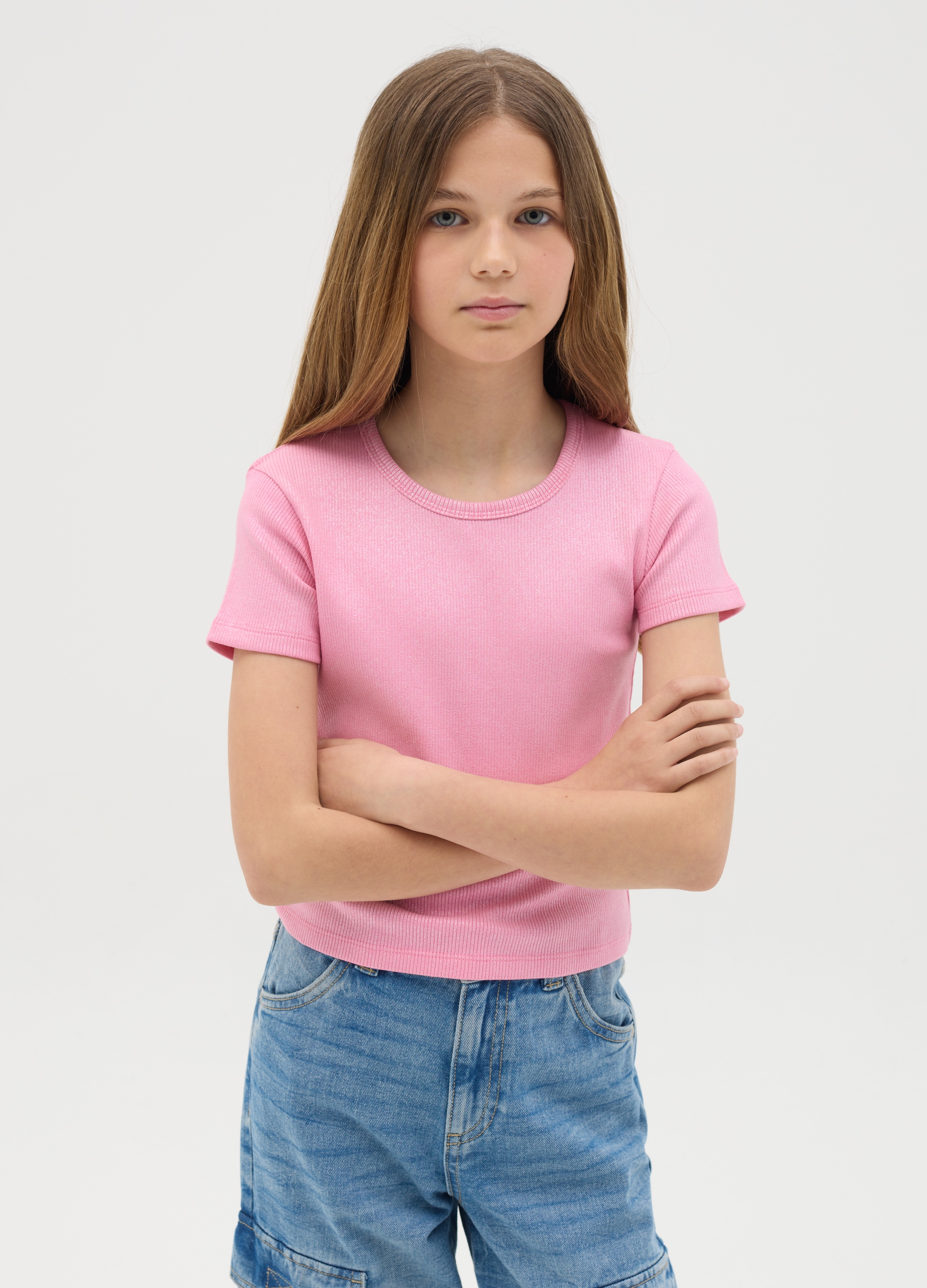 OVS, T-shirt Da Ragazza In Cotone Elasticizzato Rosa Fitted, Bambina, Rosa, Taglia: 11-12