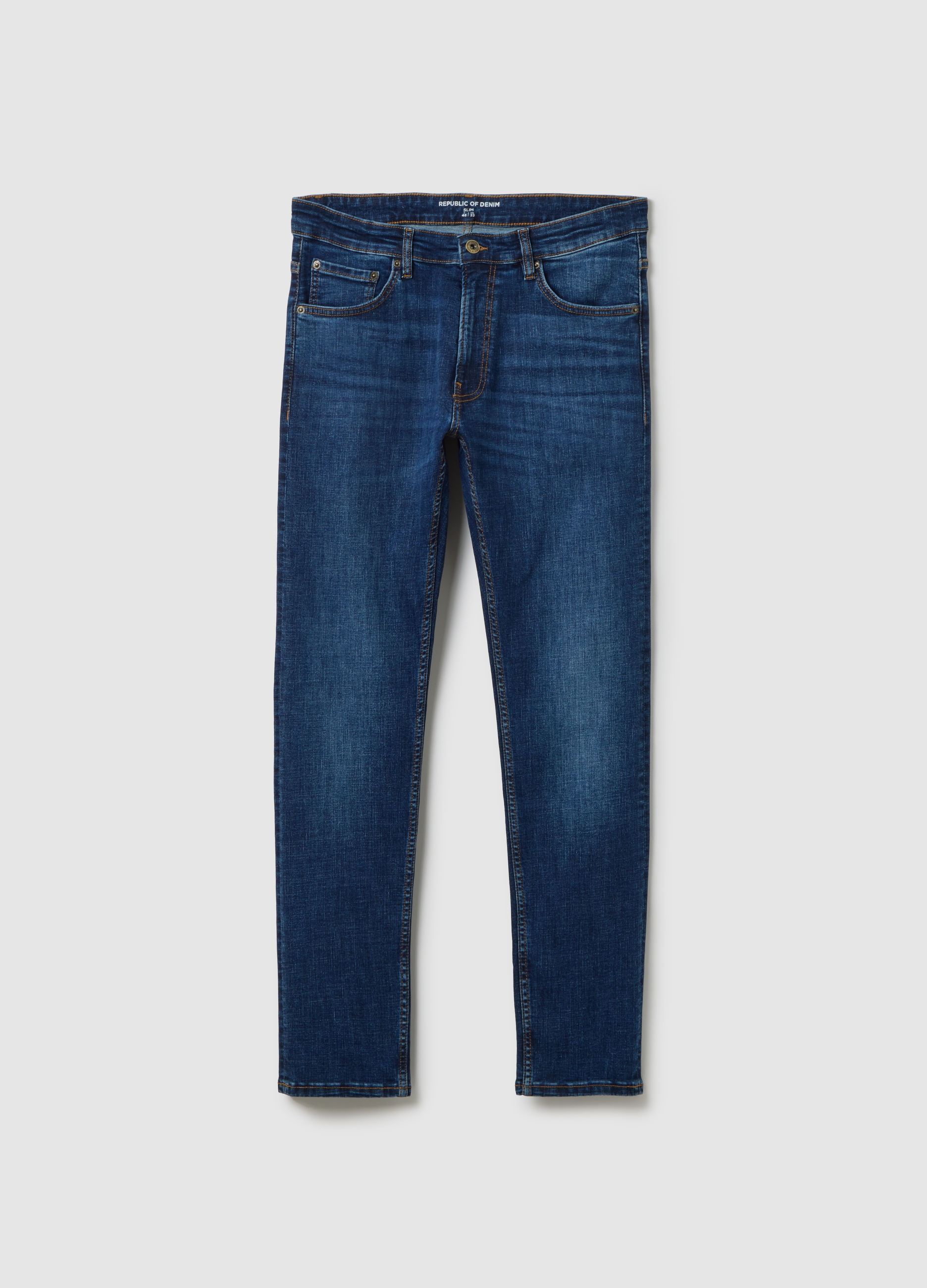 Vaqueros Slim Fit De Denim Azul De Algodón Elástico, Hombre, Azul vaquero, Talla: 46