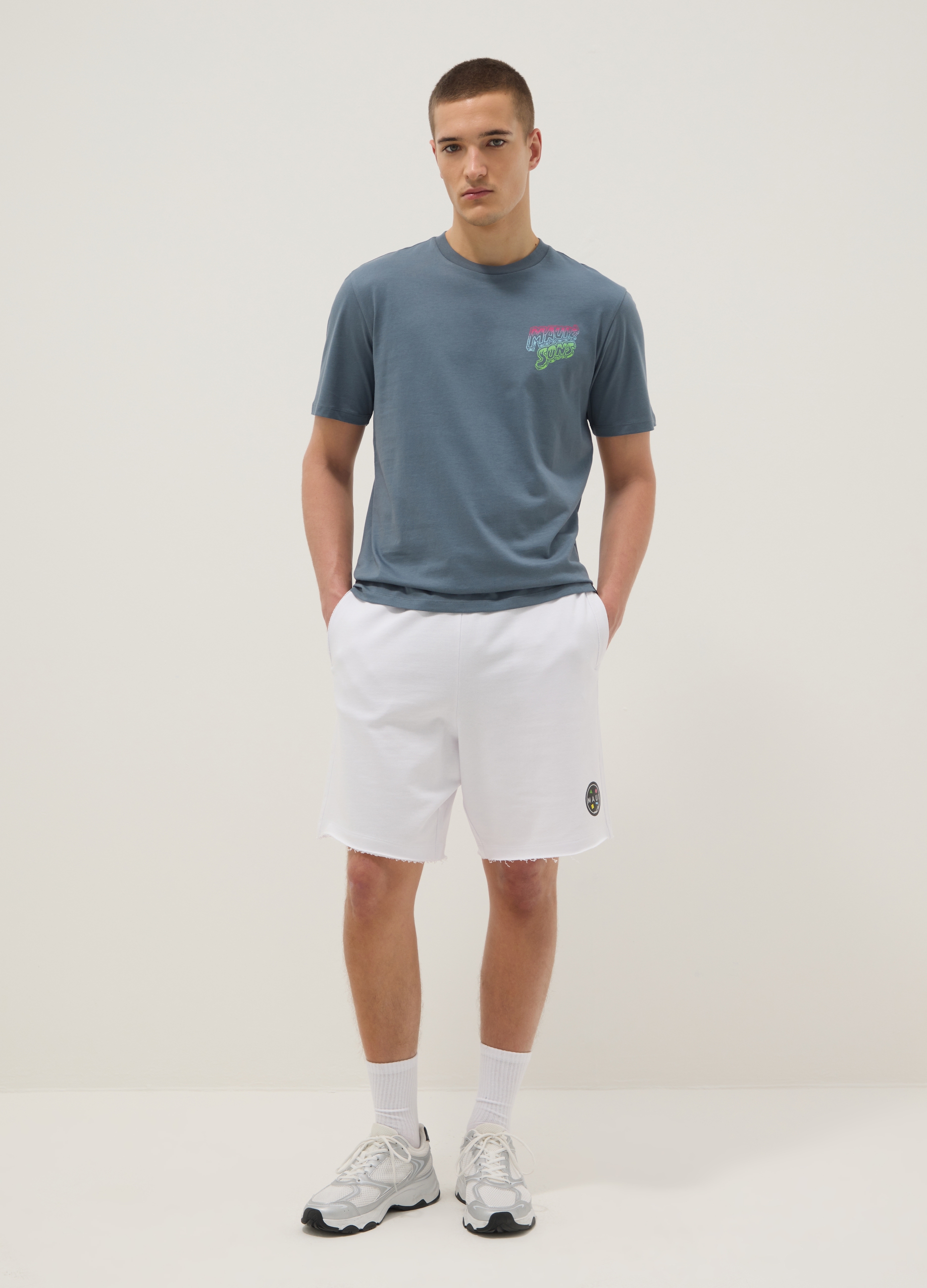 MAUI, Camiseta Azul Claro De Algodón Puro De Manga Corta, Relaxed Fit Con Estampado, Hombre, Azul oscuro, Talla: L