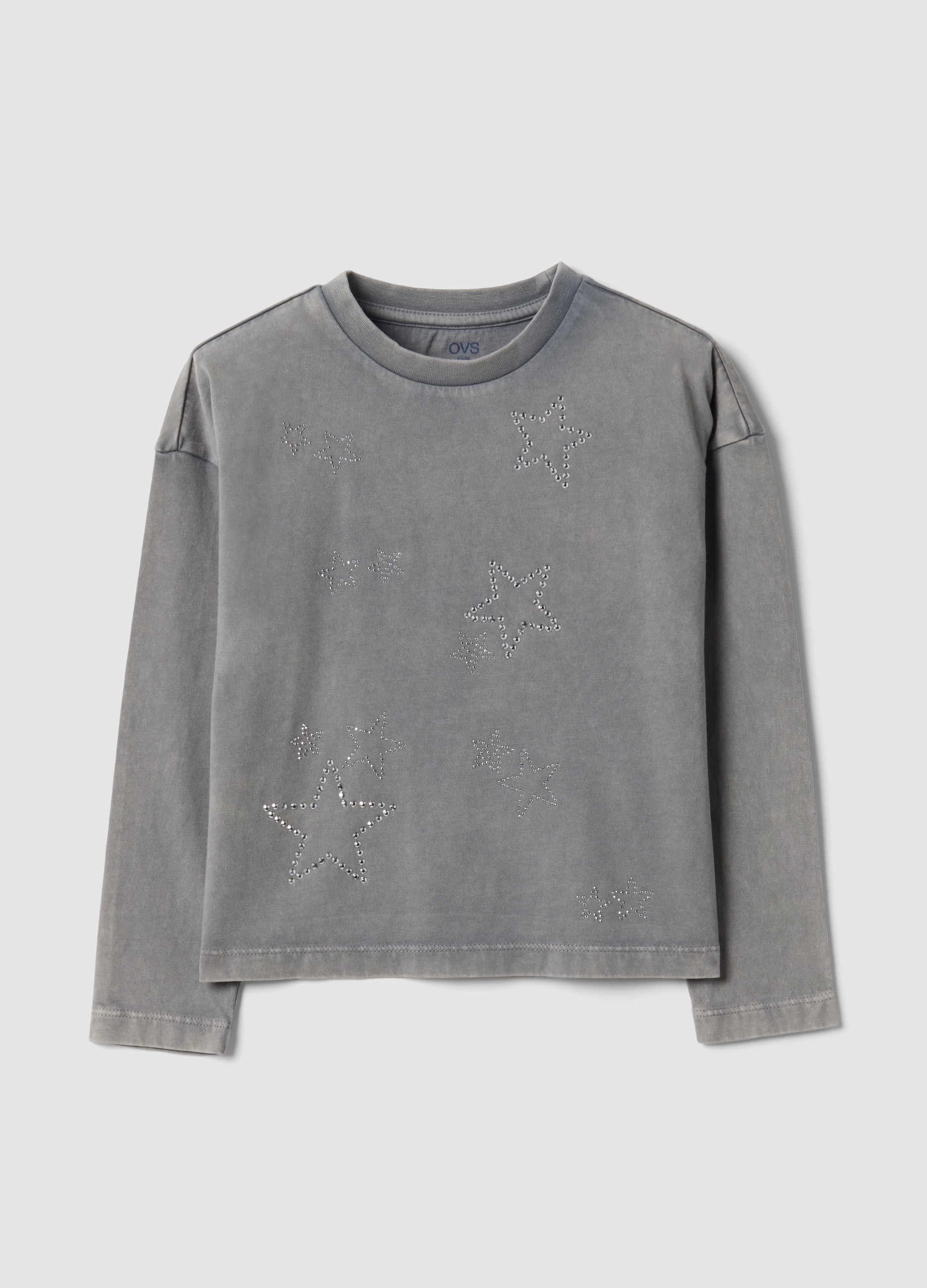 OVS KIDS, T-shirt Grigia In Puro Cotone Con Girocollo E Stelle Strass Per Bambina, Grigio, Taglia: 9-10