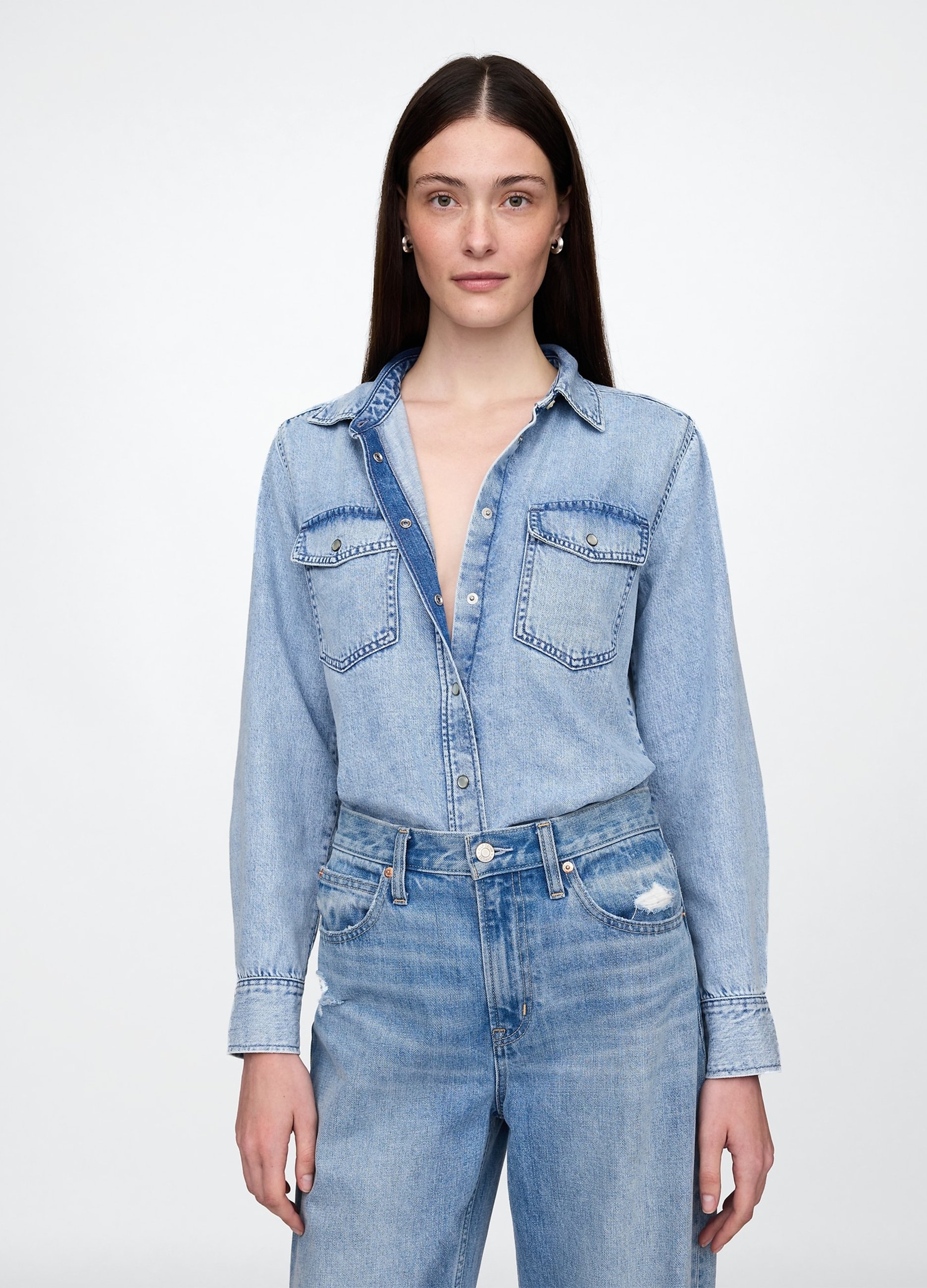 GAP, Camicia In Denim Con Bottoni A Pressione, Donna, Denim, Taglia: XS