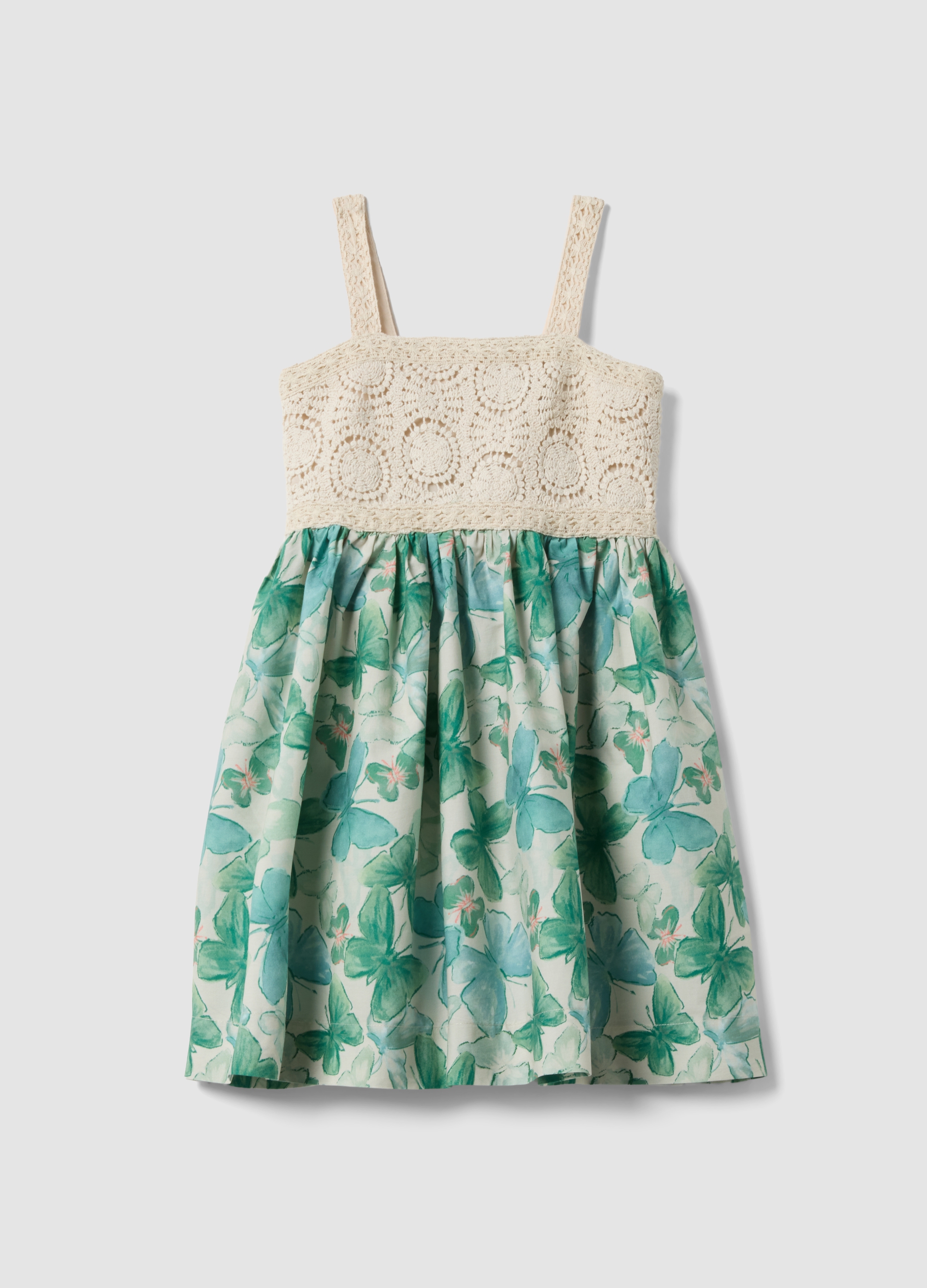 PIOMBO KIDS, Abito Con Dettagli In Crochet E Stampa Floreale In Puro Cotone, Niña, Blanco/verde, Talla: 10