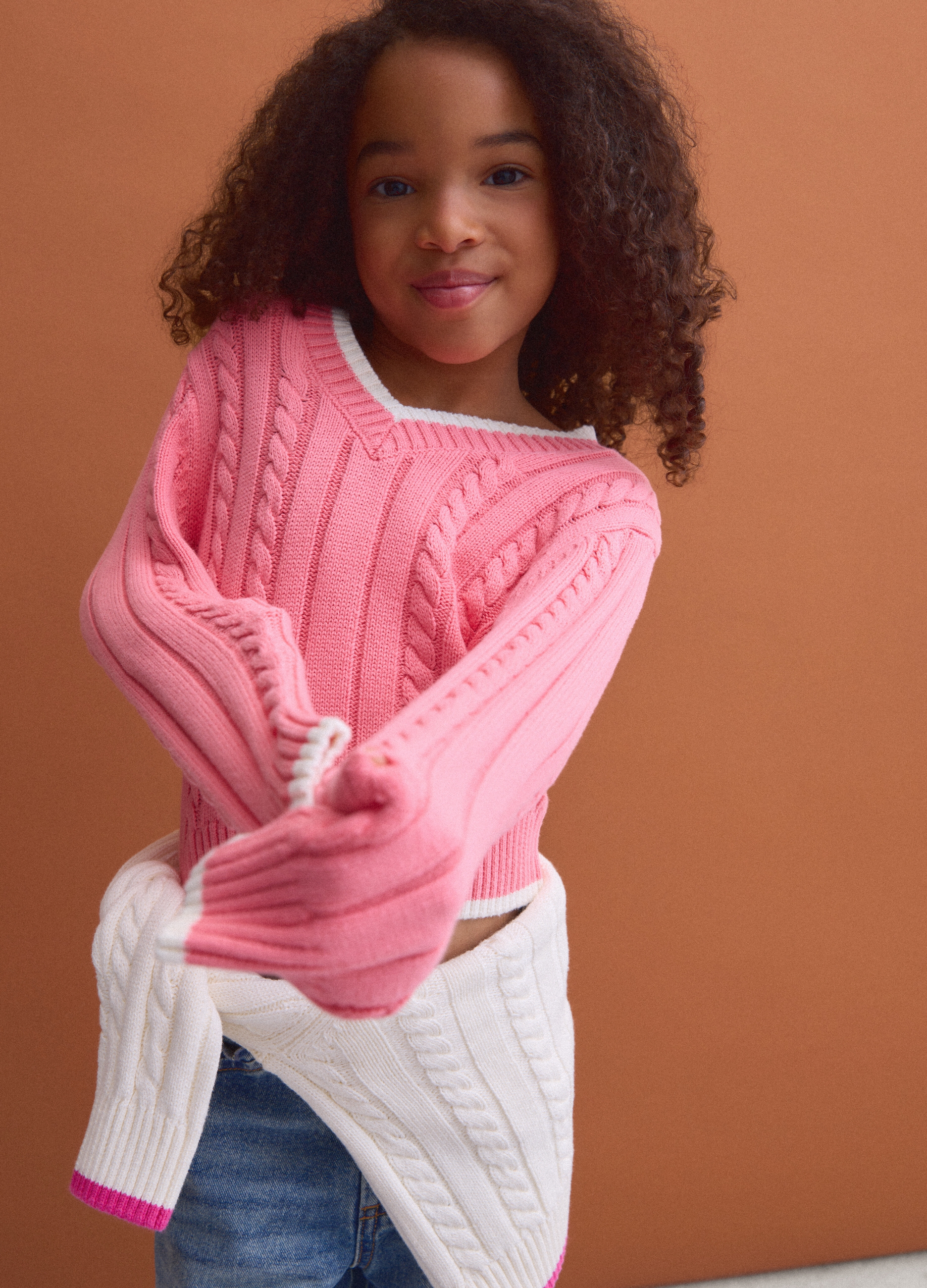 PIOMBO KIDS, Maglia Rosa In Puro Cotone A Trecce Con Scollo A V Per Bambina, Rosa, Taglia: 8