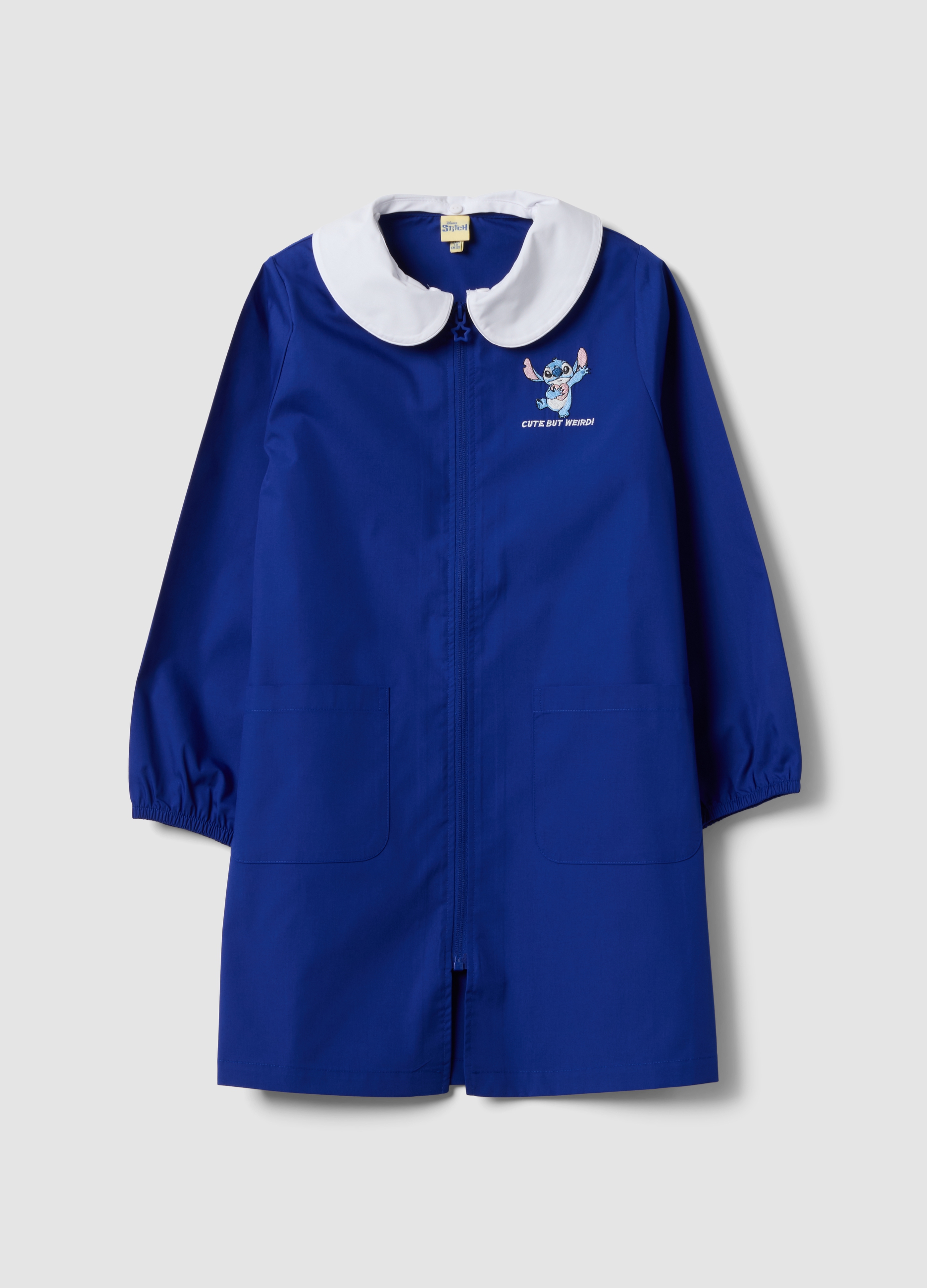 DISNEY, Grembiule Blu Per La Scuola Con Zip E Colletto Bianco Ricamo Stitch, Bambina, Blu, Taglia: 5-6