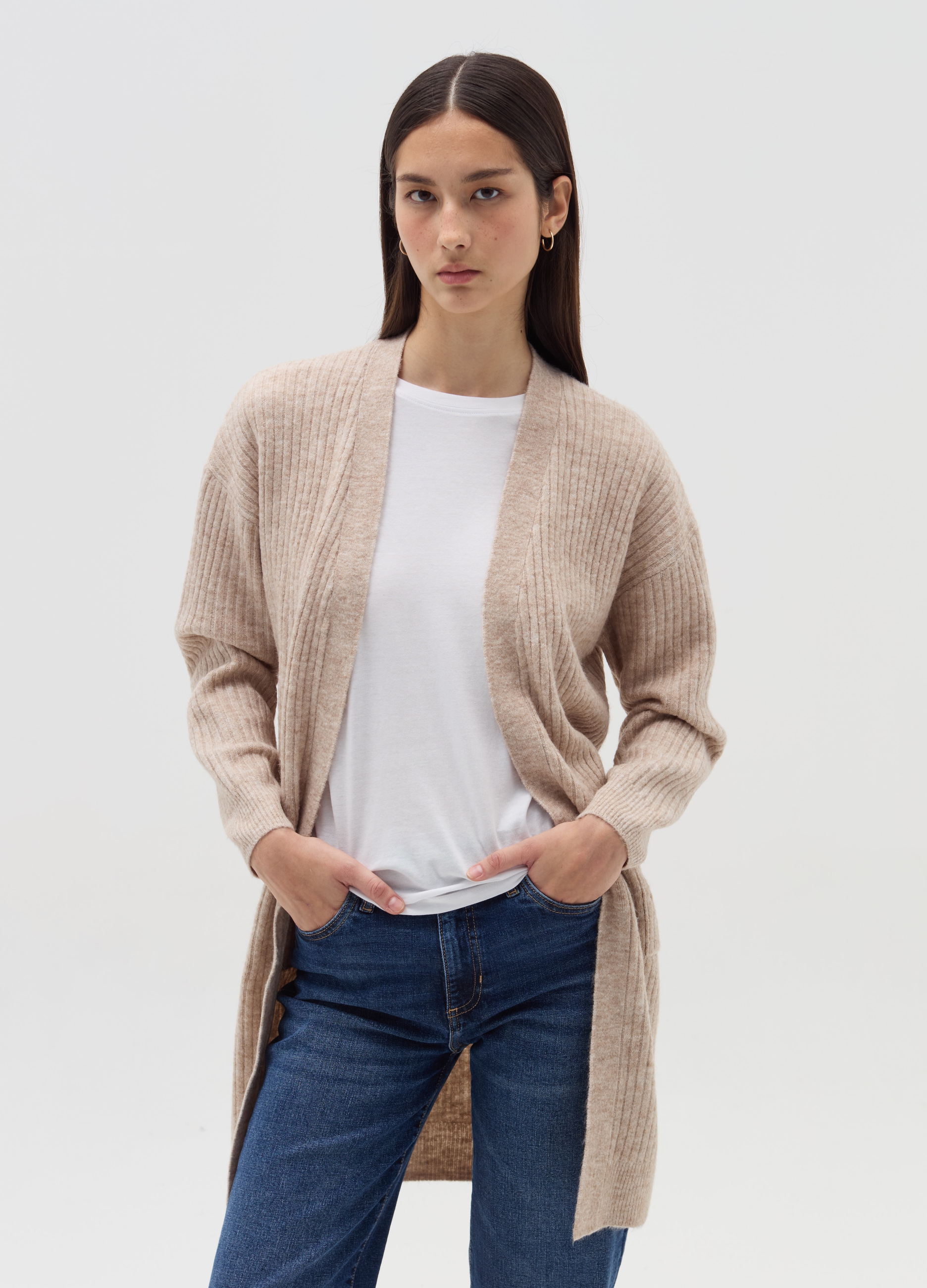OVS, Cárdigan Largo Abierto En Canalé, Mujer, Beige Jaspeado, Talla: 36