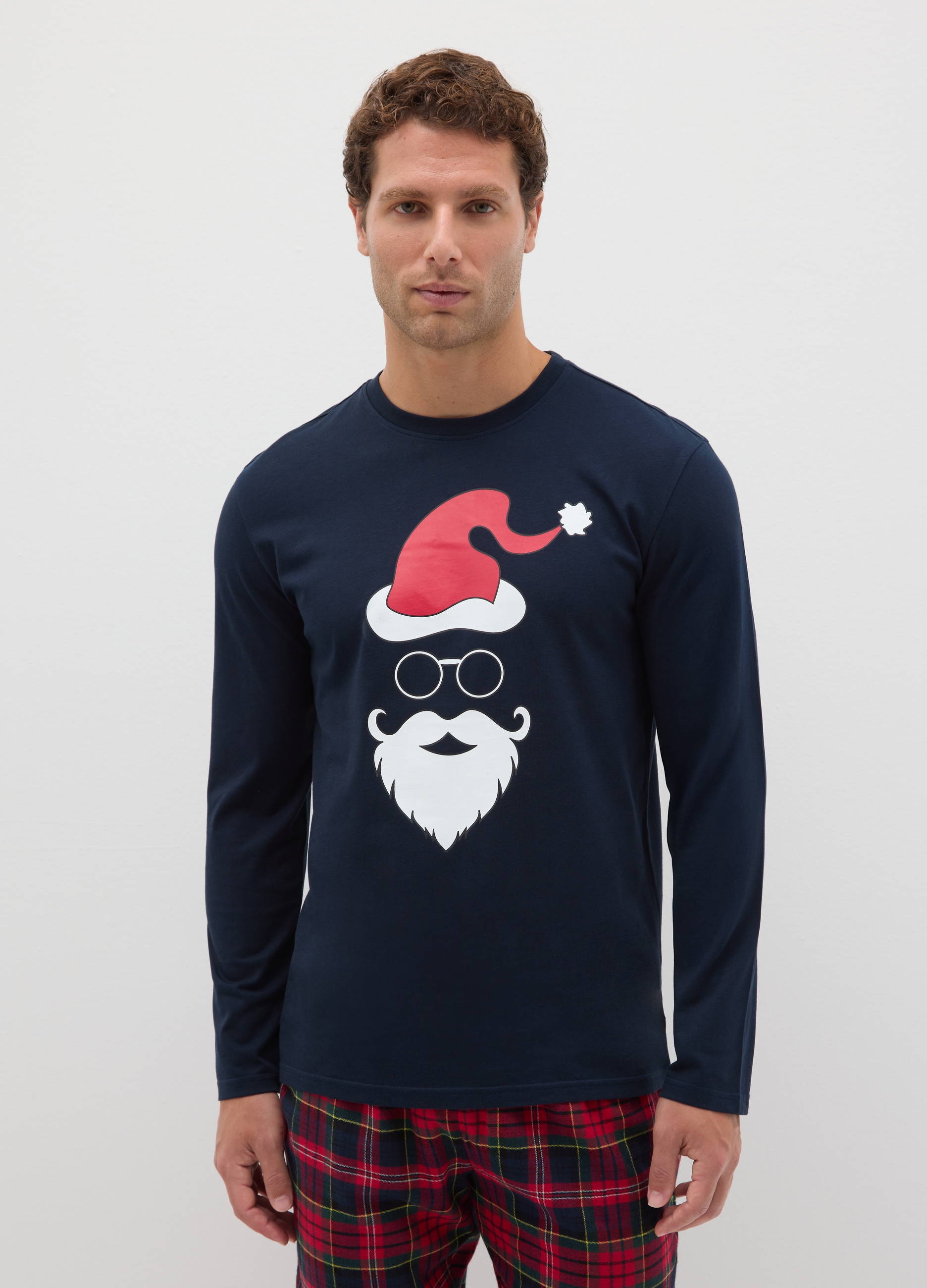 Camiseta De Pijama Navideña Azul De Ajuste Regular En Algodón Puro, Hombre, Azul oscuro, Talla: 36