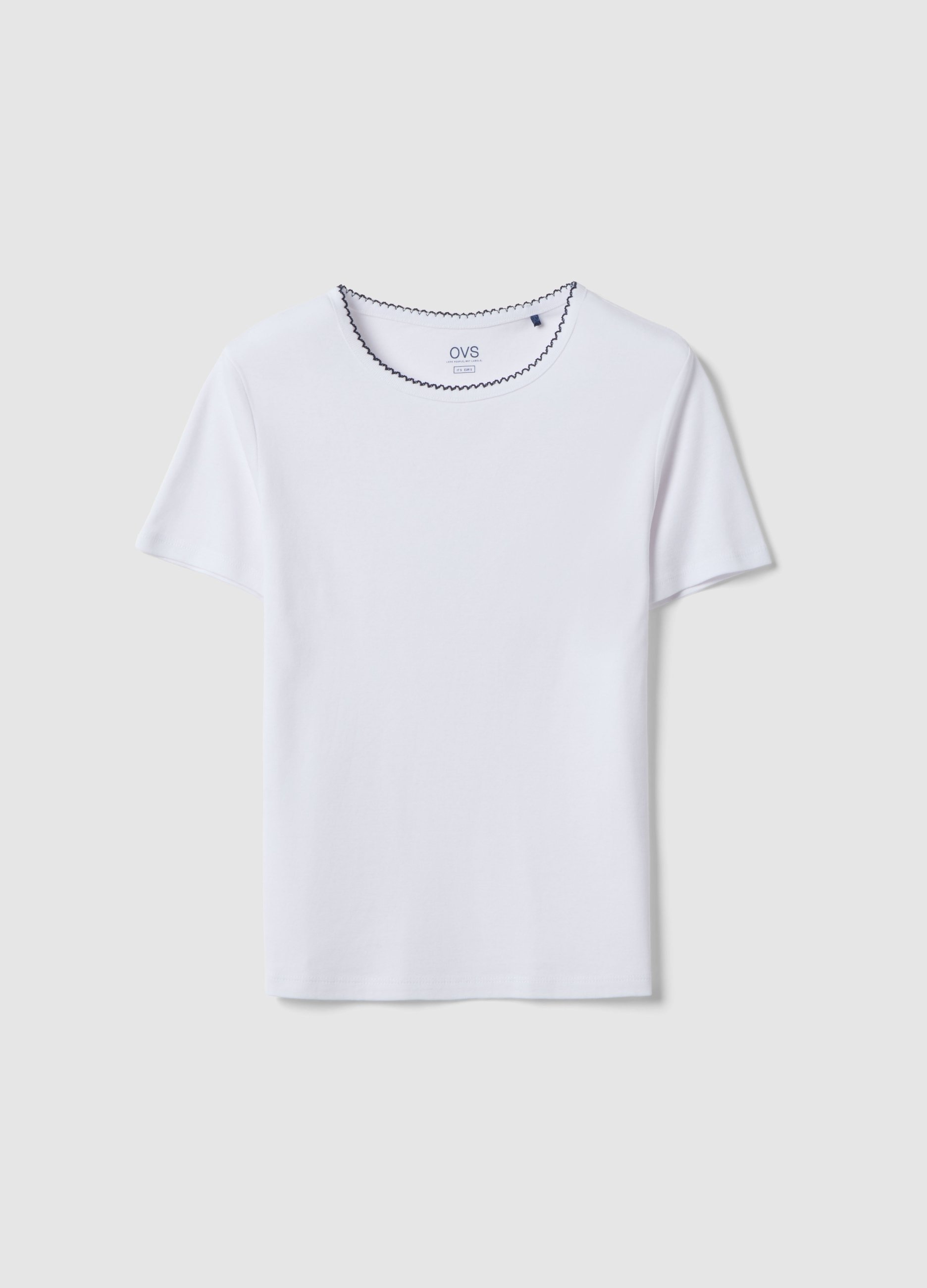 Camiseta Blanca De Algodón Puro Con Ajuste Regular Y Costura De Contraste, Mujer, Blanco óptico, Talla: 42