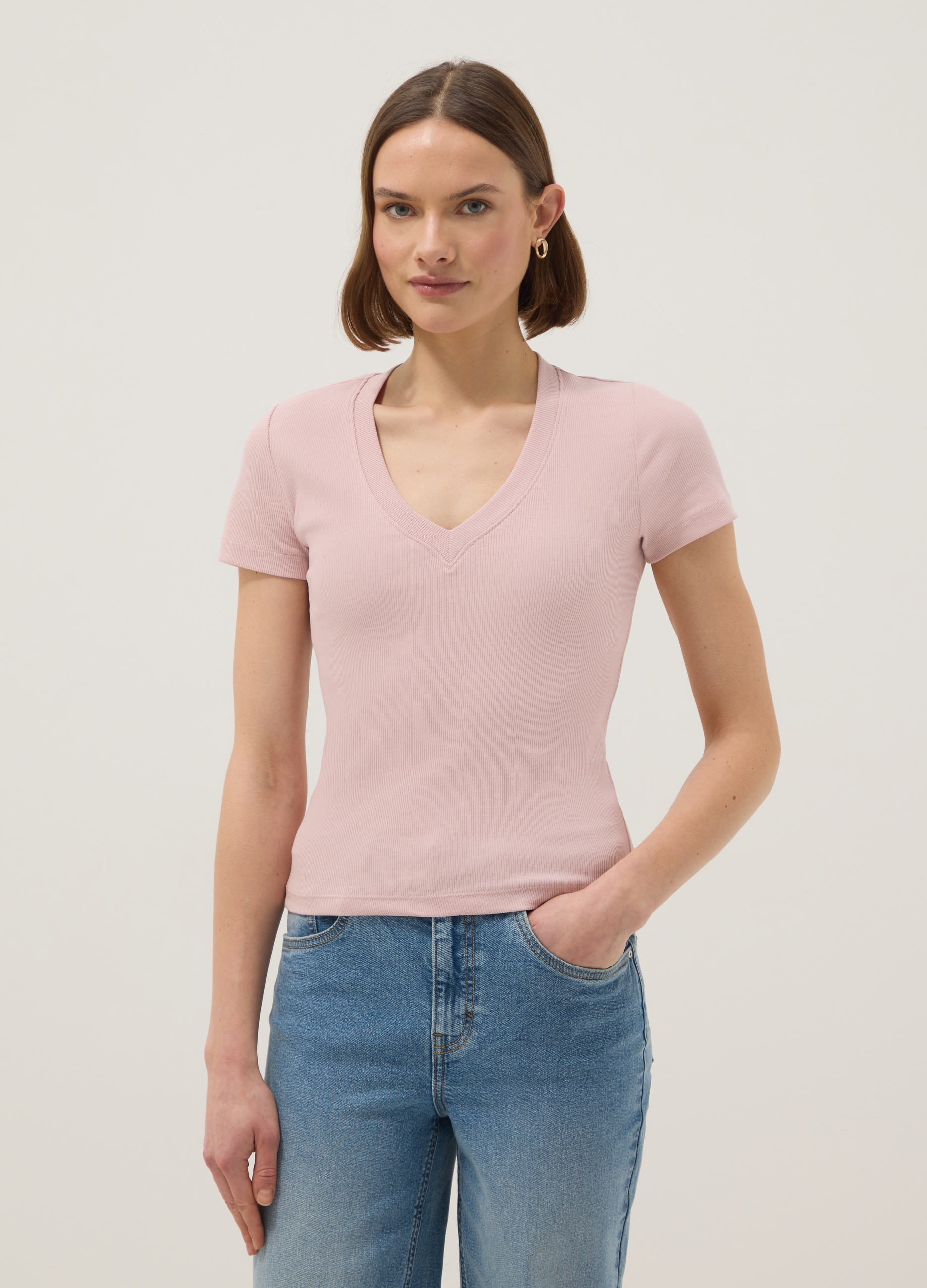 Camiseta Rosa De Algodón Elástico De Ajuste Regular Y Escote Profundo En V, Mujer, Rosa Claro, Talla: 42