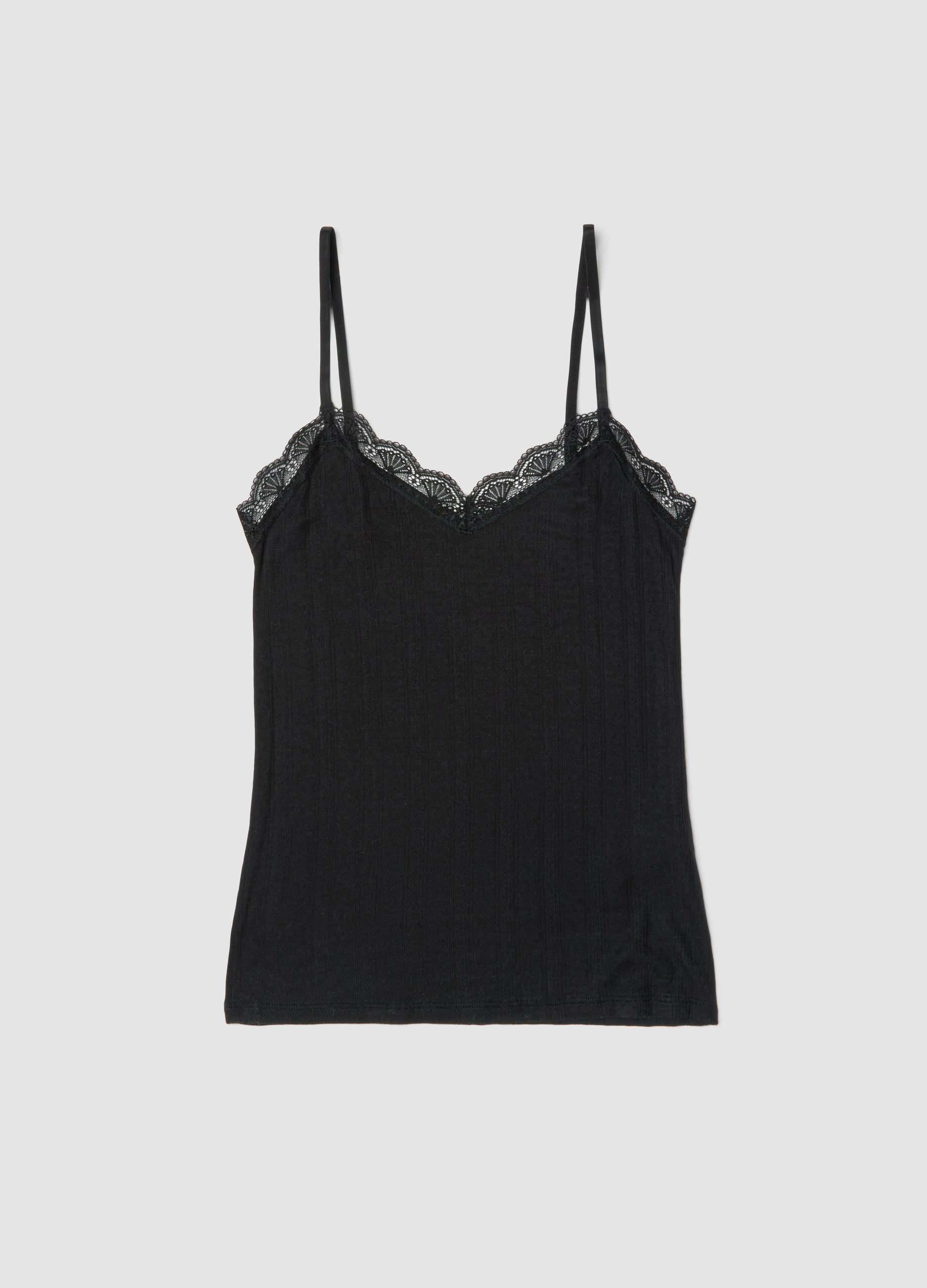 Camiseta De Tirantes Negra De Modal Elástico Regular Fit Con Encaje, Mujer, Gunmetal, Talla: M